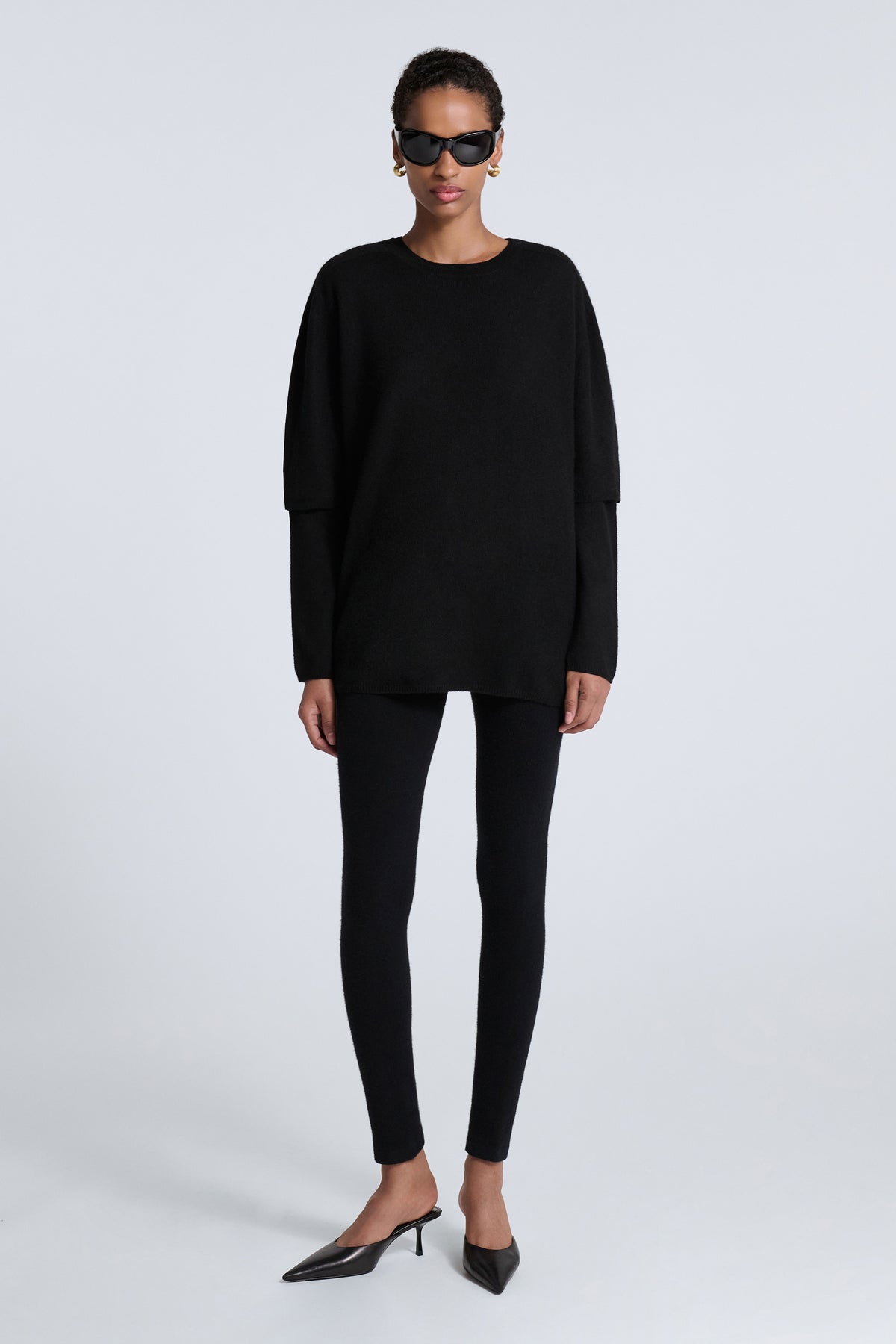 Model is Wearing Nour Hammour Cobain Double Layer Cashmere Black -  Front