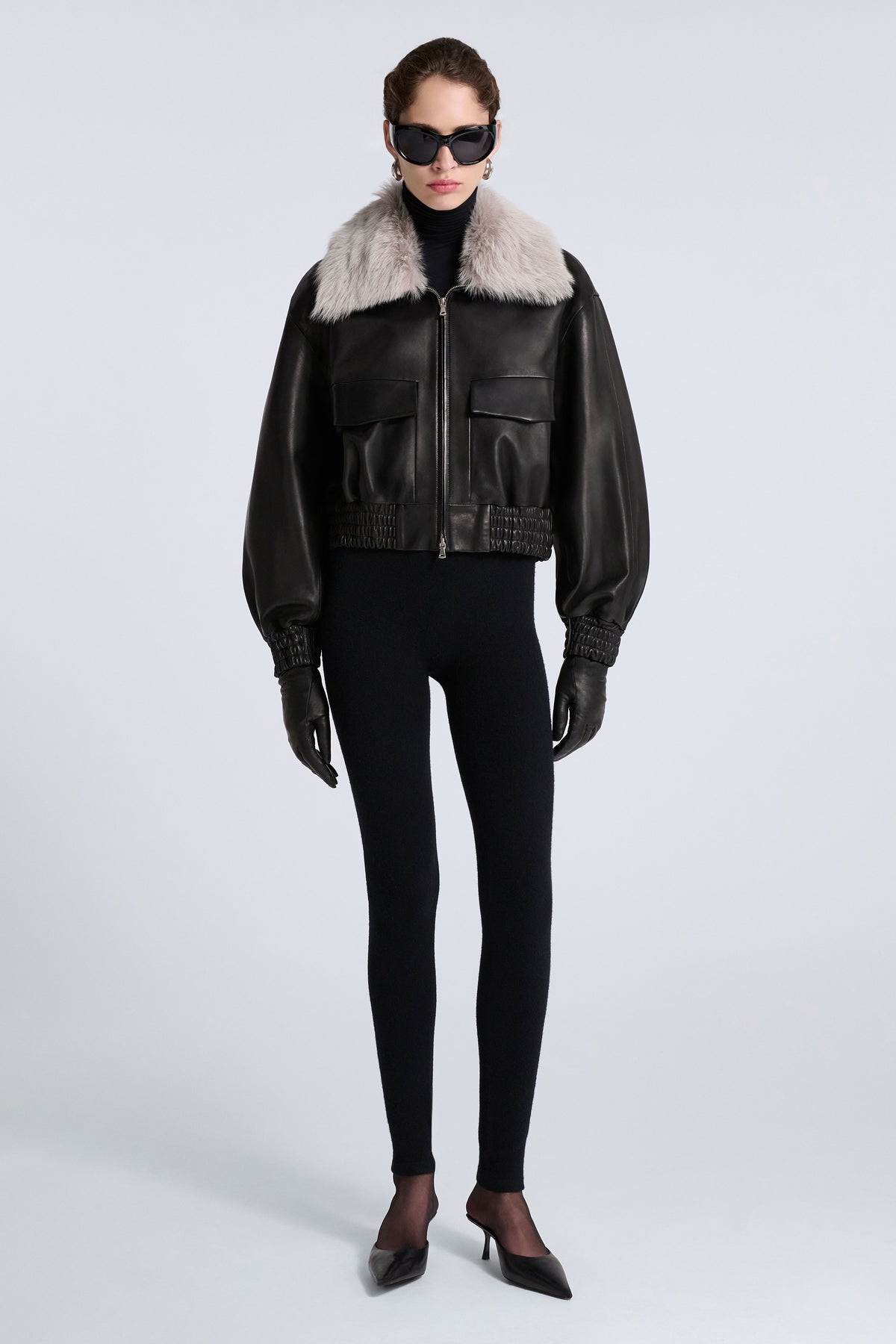 Model is Wearing Nour Hammour Ellery Shearling Collar Leather Bomber Noir Classique - Front