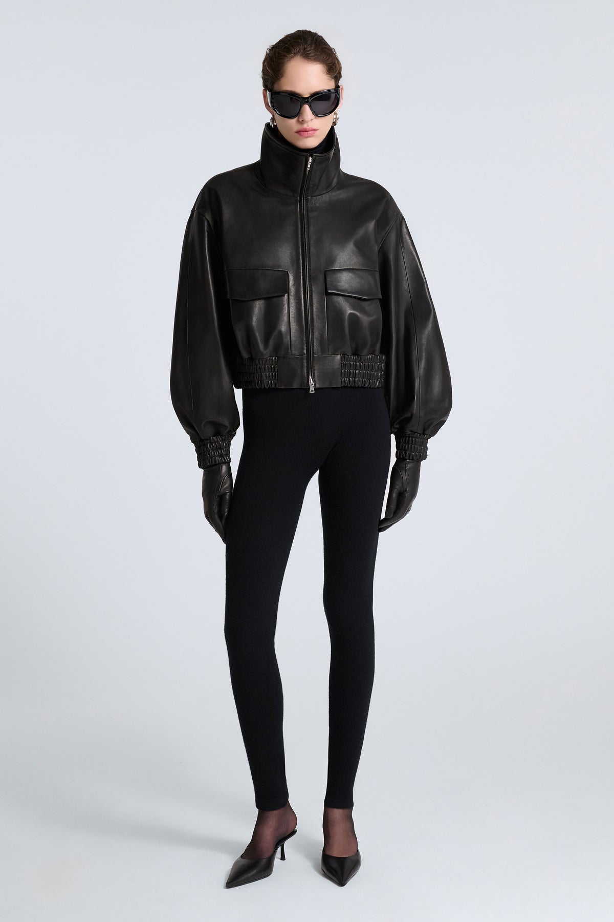 Model is Wearing Nour Hammour Ellery Shearling Collar Leather Bomber Noir Classique - Front