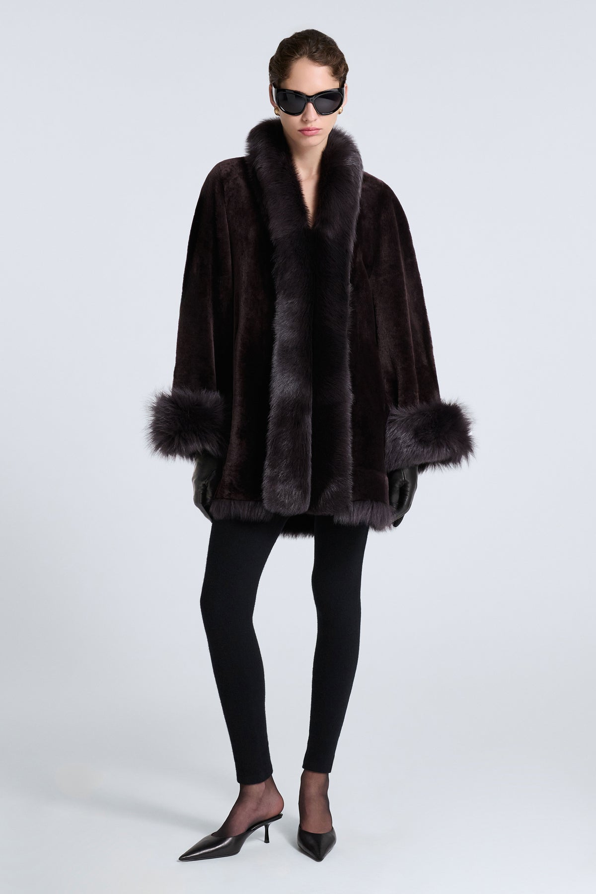 Model is Wearing Nour Hammour Sima Midi Shearling Midi Swing Coat Rich Brown - Front