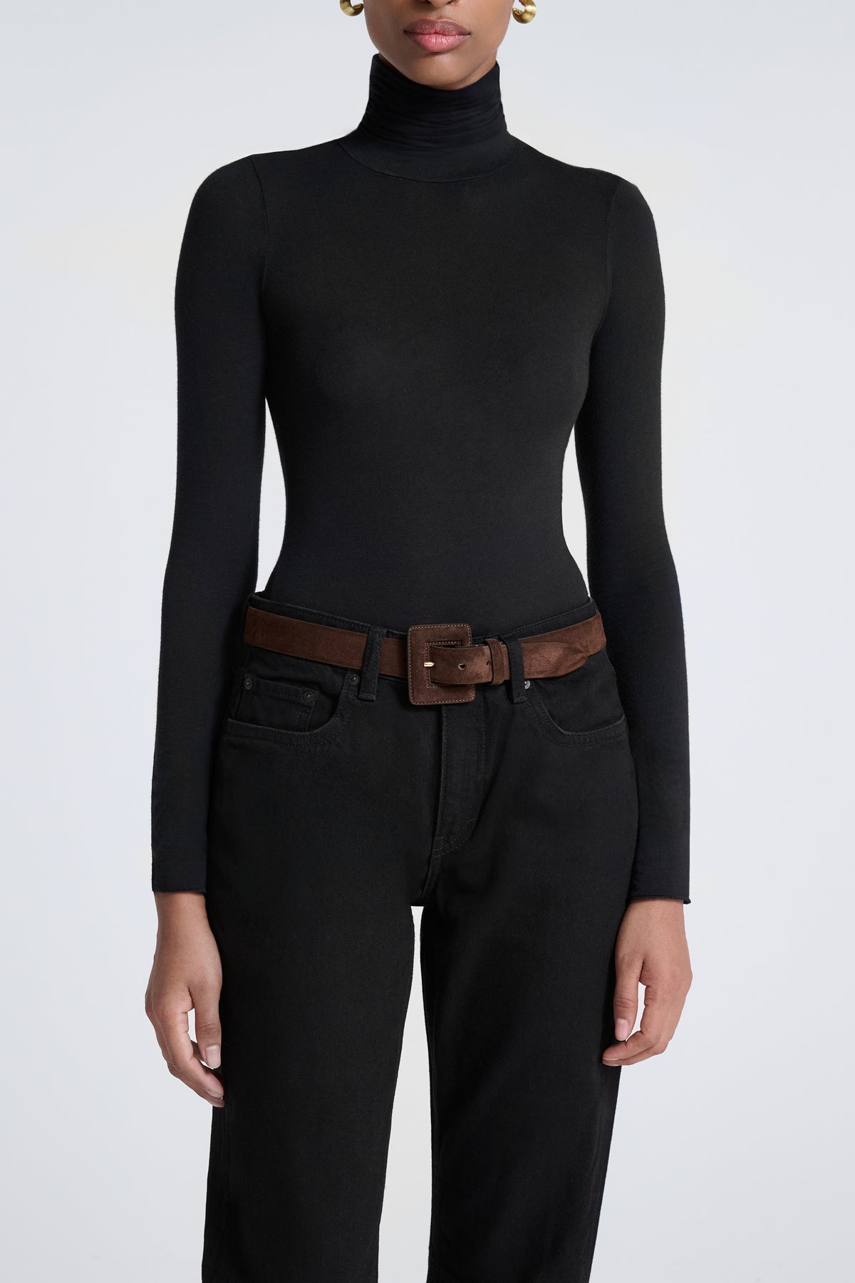 Model is Wearing Nour Hammour Soma Covered Square Suede Buckle Belt Brown - Front