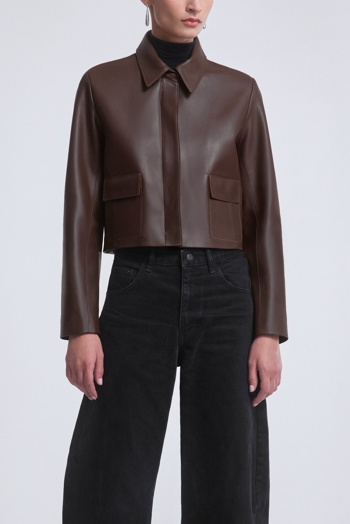 Model is Wearing Nour Hammour Bleeker Minimal Leather Jacket Milk Chocolate - Front