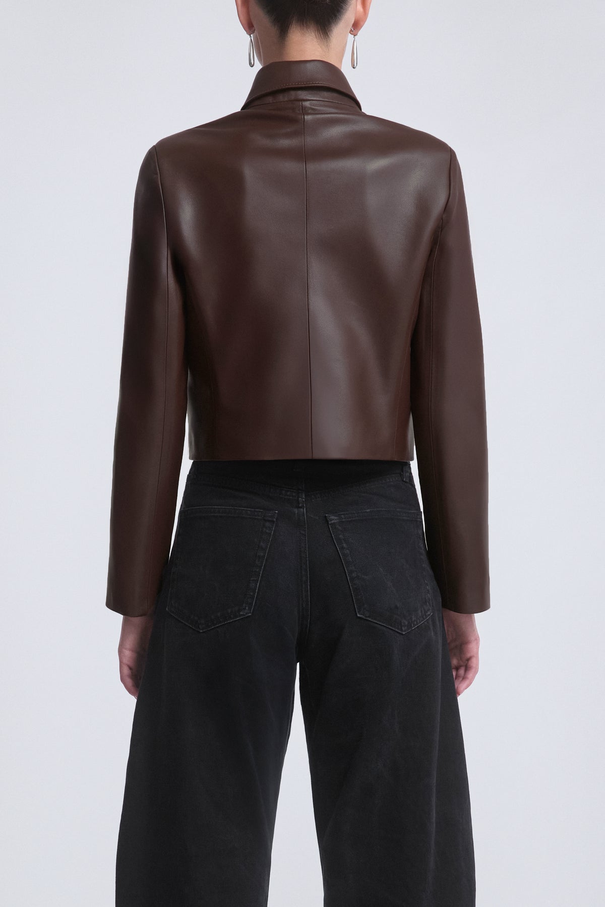 Model is Wearing Nour Hammour Bleeker Minimal Leather Jacket Milk Chocolate - Back