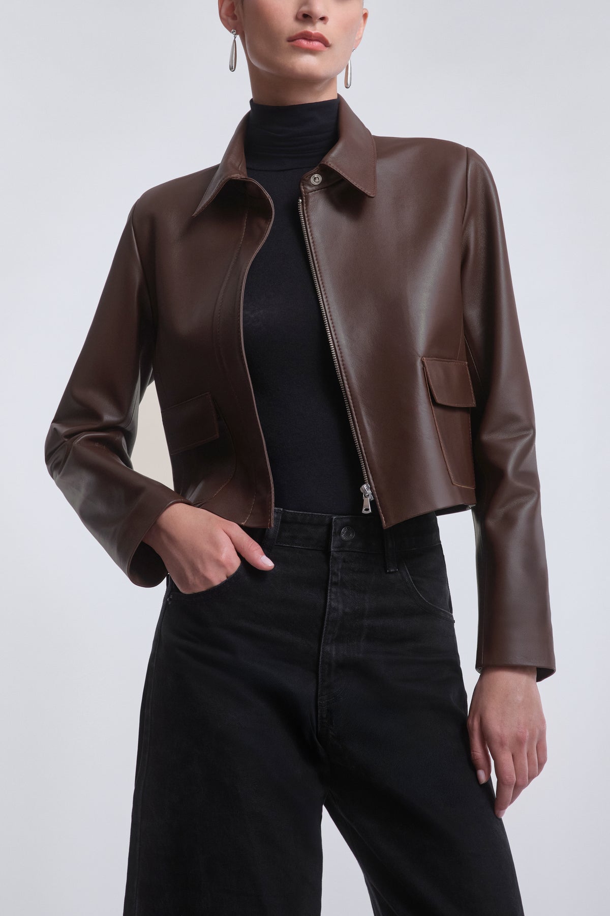 Model is Wearing Nour Hammour Bleeker Minimal Leather Jacket Milk Chocolate - Front Open