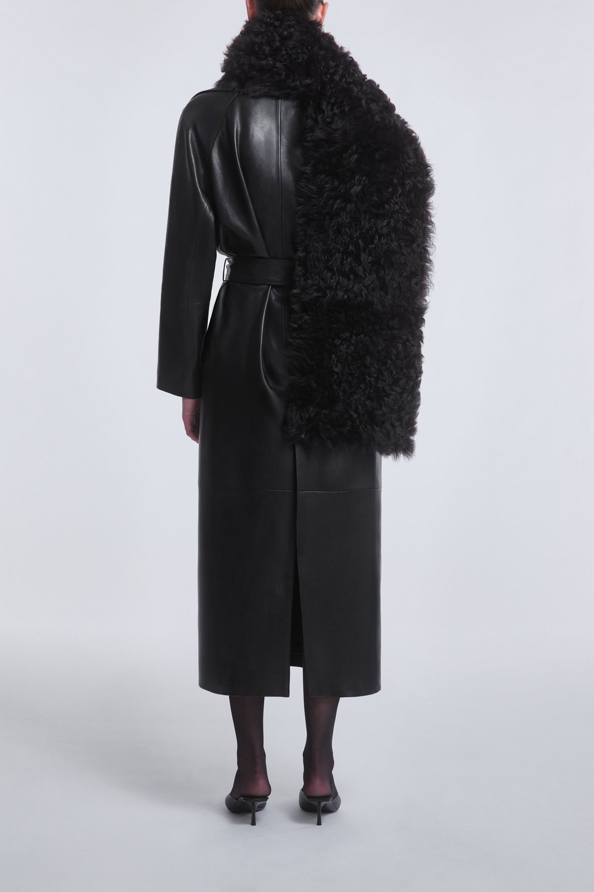 Model is Wearing Nour Hammour Winter Decadent Shearling Echarpe Cocoa - Back