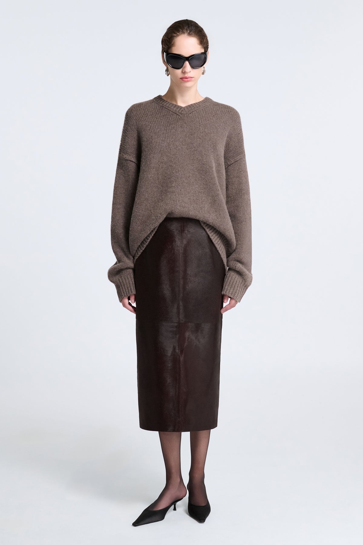 Model is Wearing Nour Hammour Alana Relaxed Ponyhair Midi Skirt Brown - Front