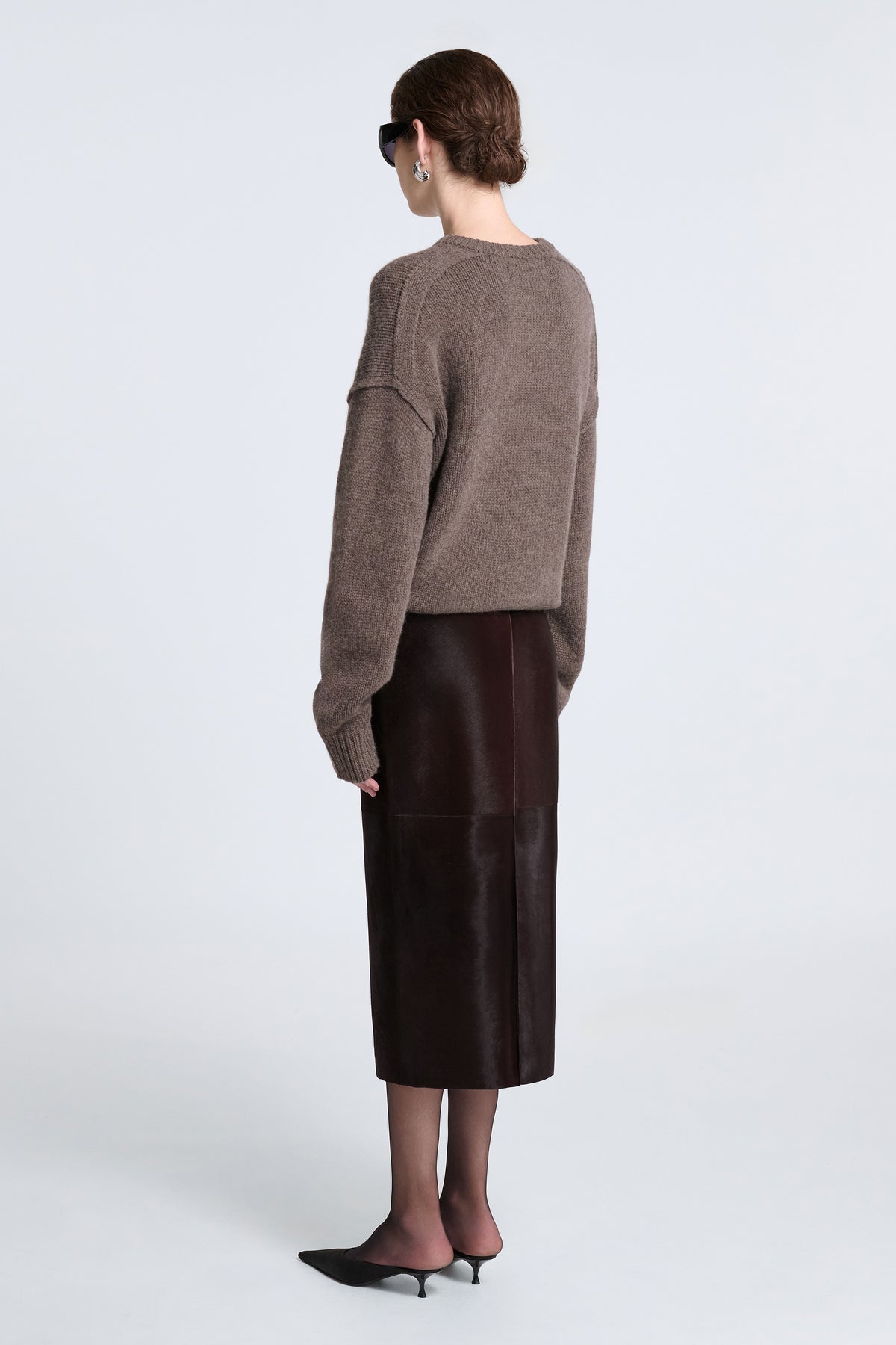 Model is Wearing Nour Hammour Alana Relaxed Ponyhair Midi Skirt Brown - Back