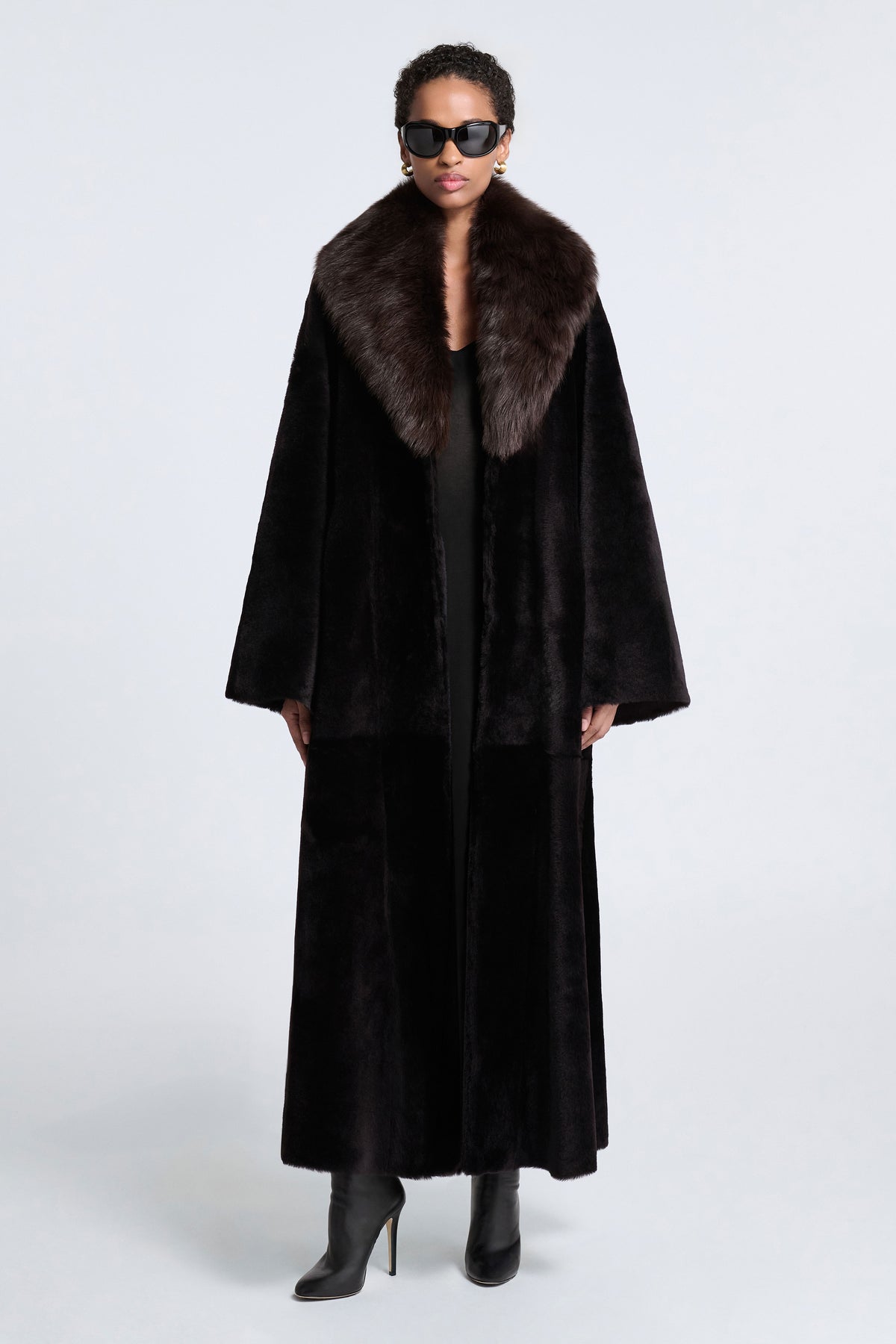 Model is Wearing Nour Hammour Astoria Sweeping Shearling Coat Black Brown - Front Open