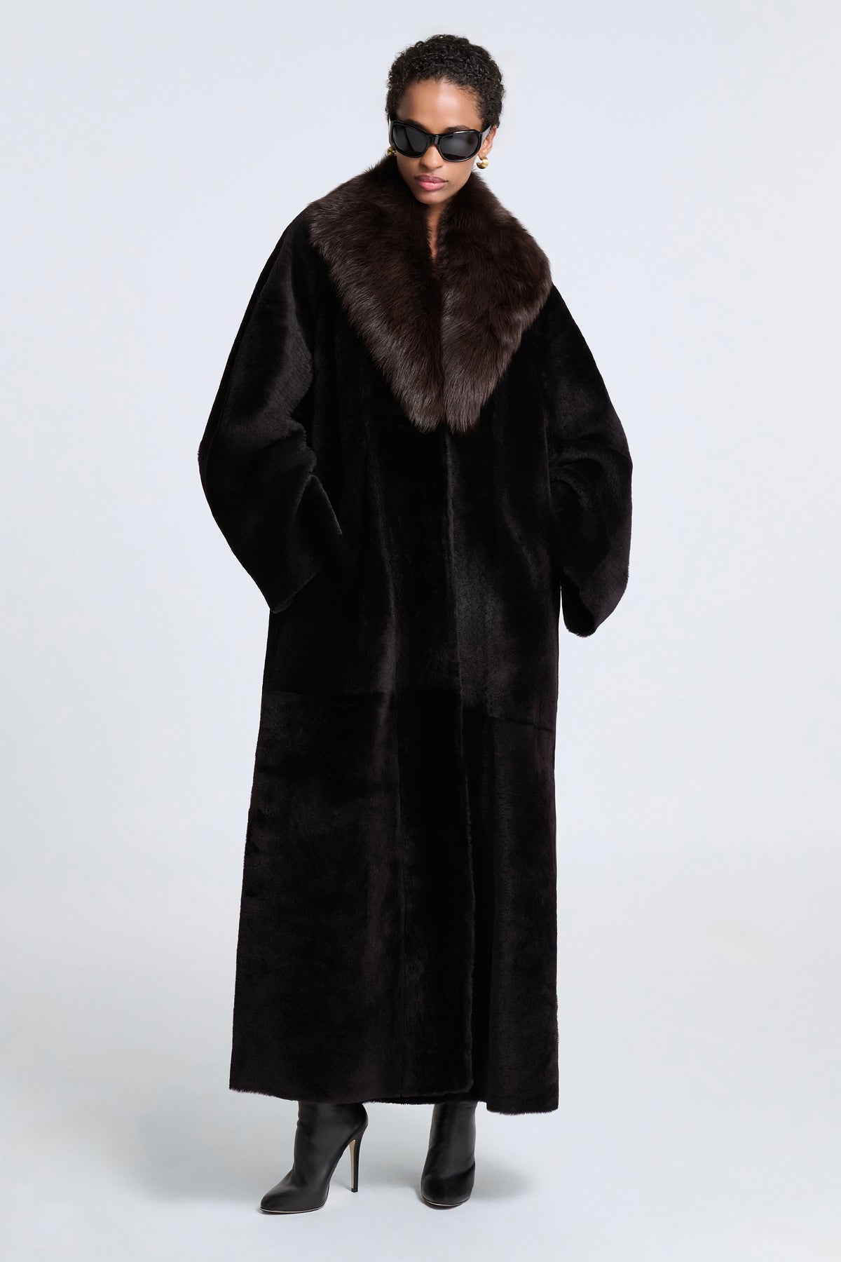Model is Wearing Nour Hammour Astoria Sweeping Shearling Coat Black Brown - Front