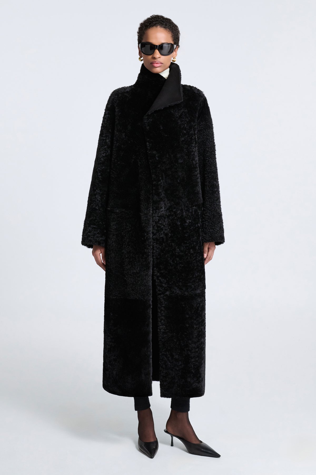 Model is Wearing Nour Hammour Birthday Coat Shearling Blanket Coat Black - Front