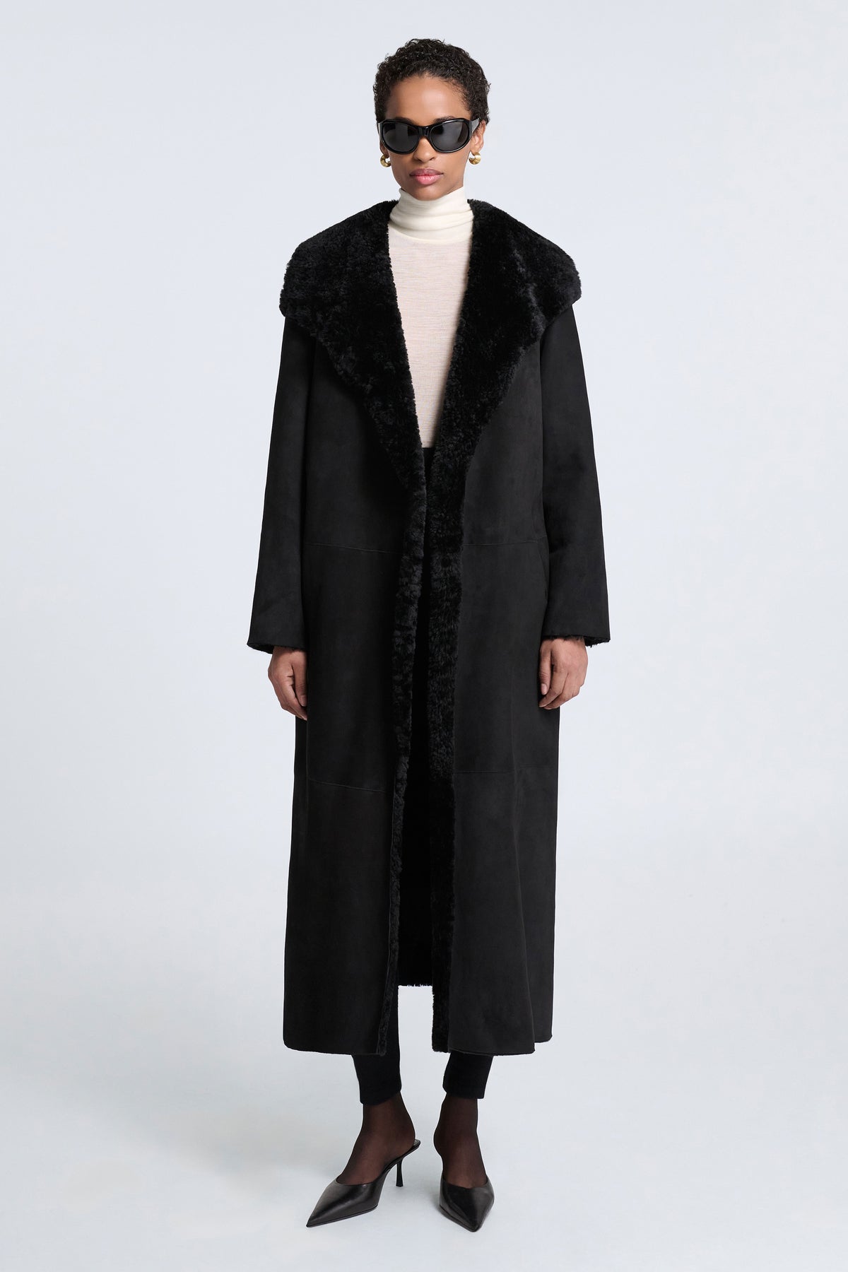 Model is Wearing Nour Hammour Birthday Coat Shearling Blanket Coat Black - Front Open