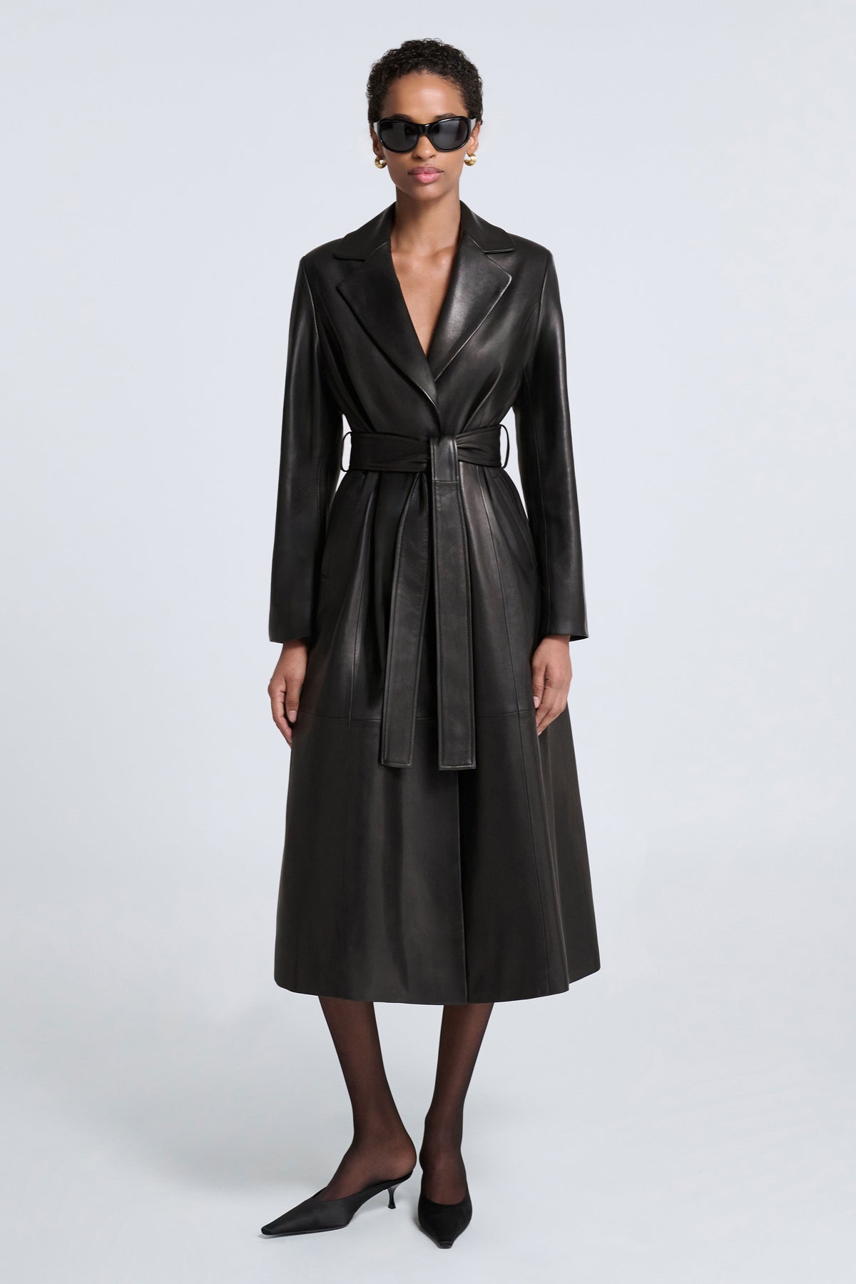 Model is Wearing Nour Hammour Camden Ladylike Leather Trench Noir Classique - Front