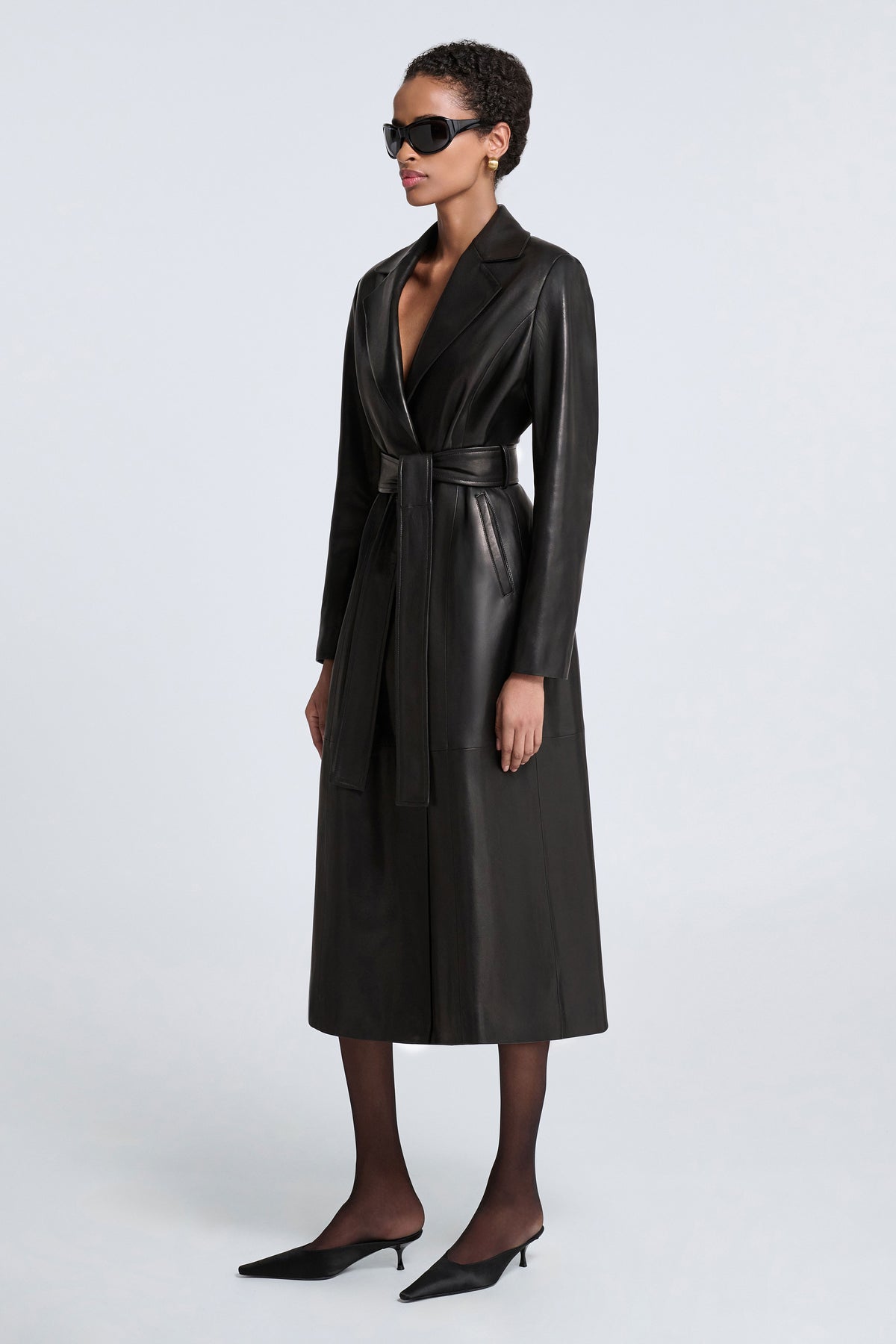 Model is Wearing Nour Hammour Camden Ladylike Leather Trench Noir Classique - Three Quarters 