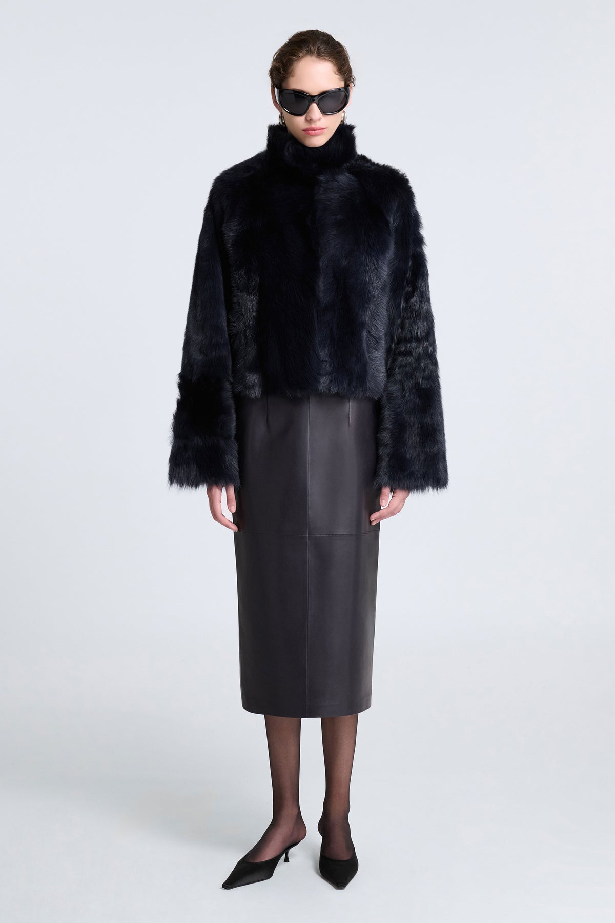 Model is Wearing Nour Hammour Cameron Sumptious Shearling Jacket Bleu Minuit - Front