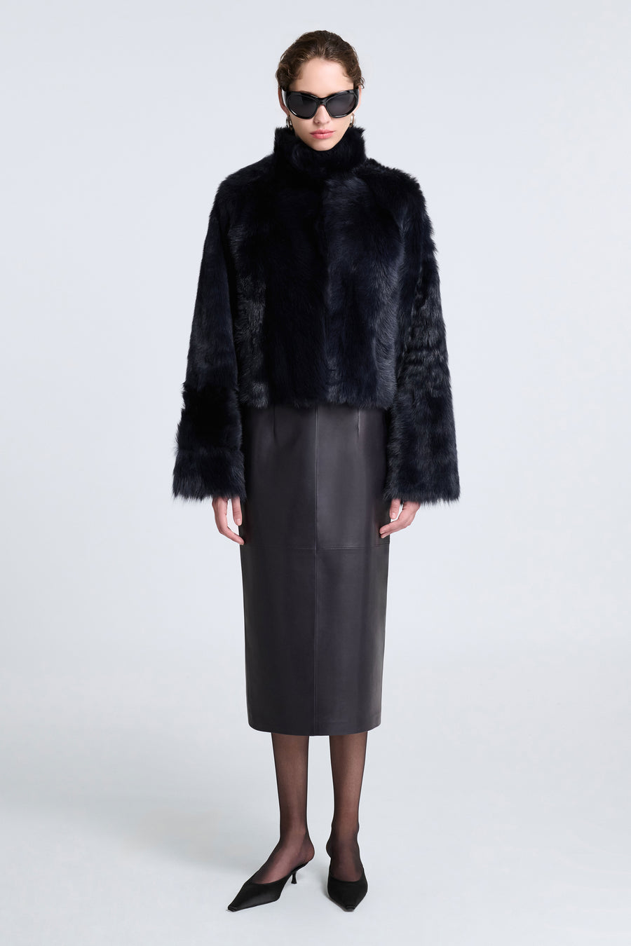 Model is Wearing Nour Hammour Cameron Sumptious Shearling Jacket Bleu Minuit - Front