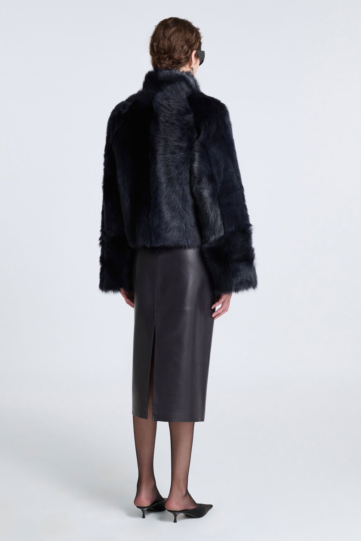 Model is Wearing Nour Hammour Cameron Sumptious Shearling Jacket Bleu Minuit - Back