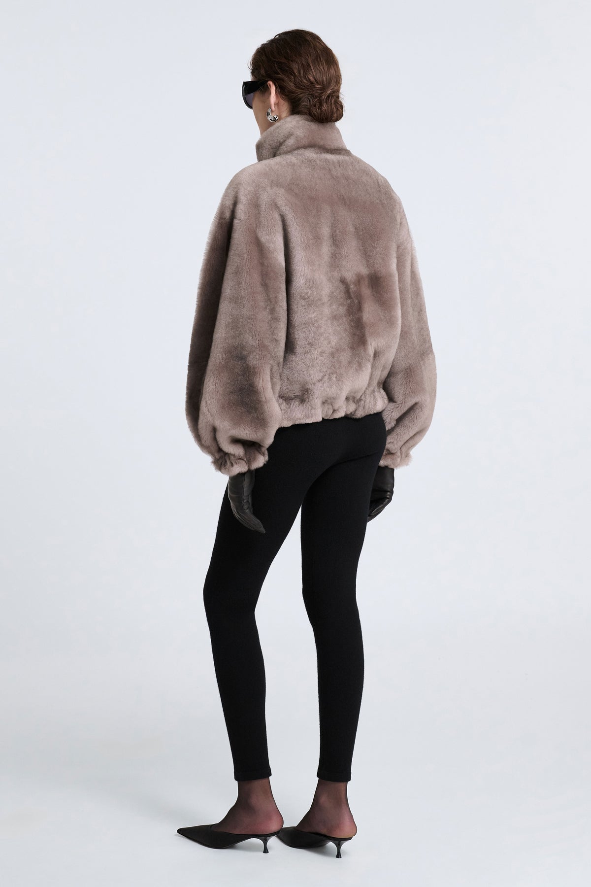 Model is Wearing Nour Hammour Cortina Plush Shearling Bomber Greige Mink - Back