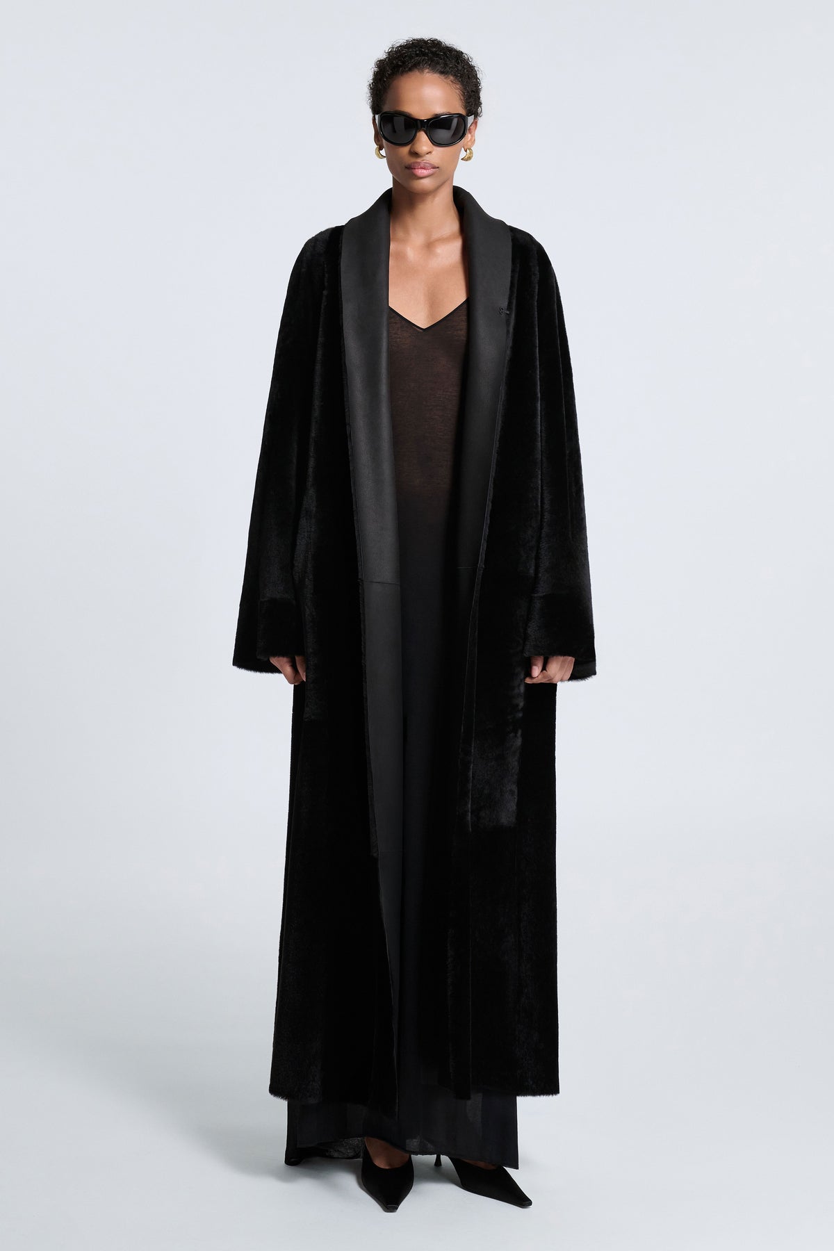 Model is Wearing Nour Hammour Dorian Exceptionally Light Shealing Coat Black -  Front Open