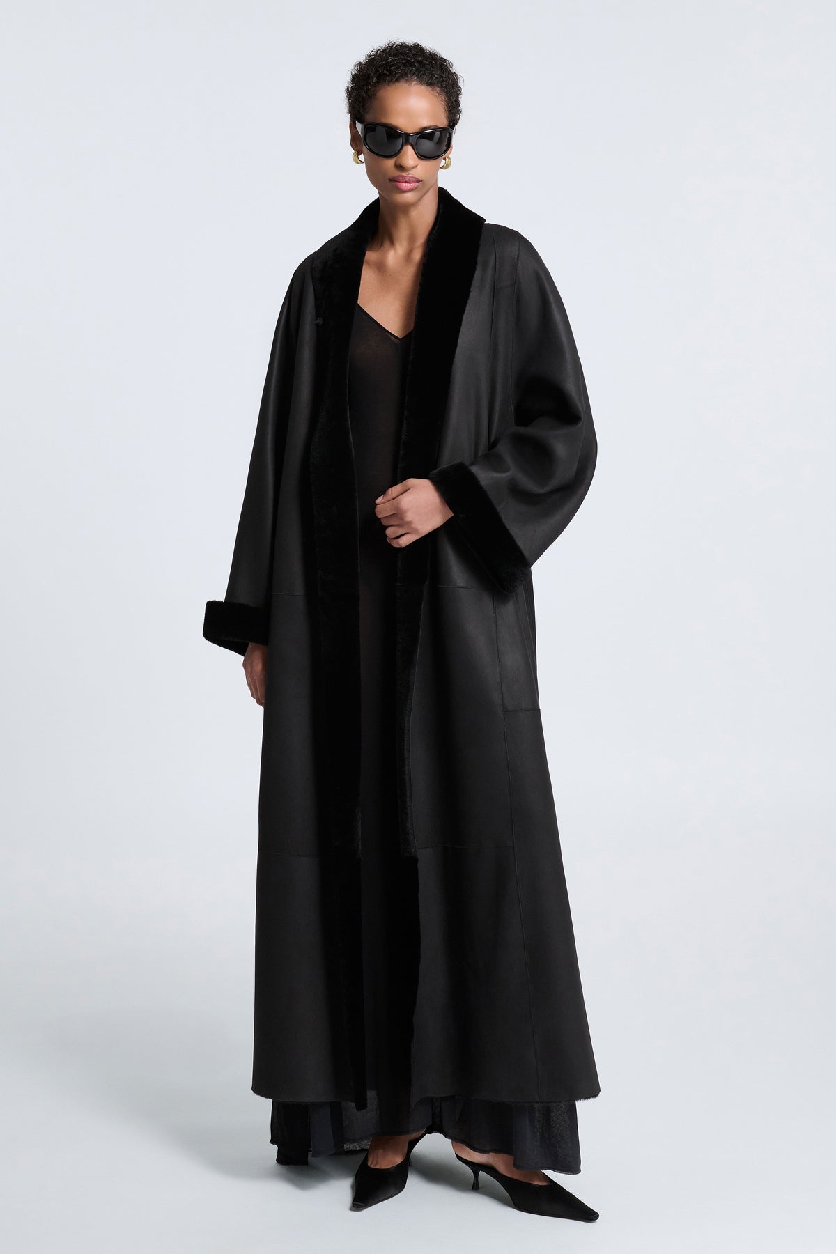 Model is Wearing Nour Hammour Dorian Exceptionally Light Shealing Coat Black -  Front
