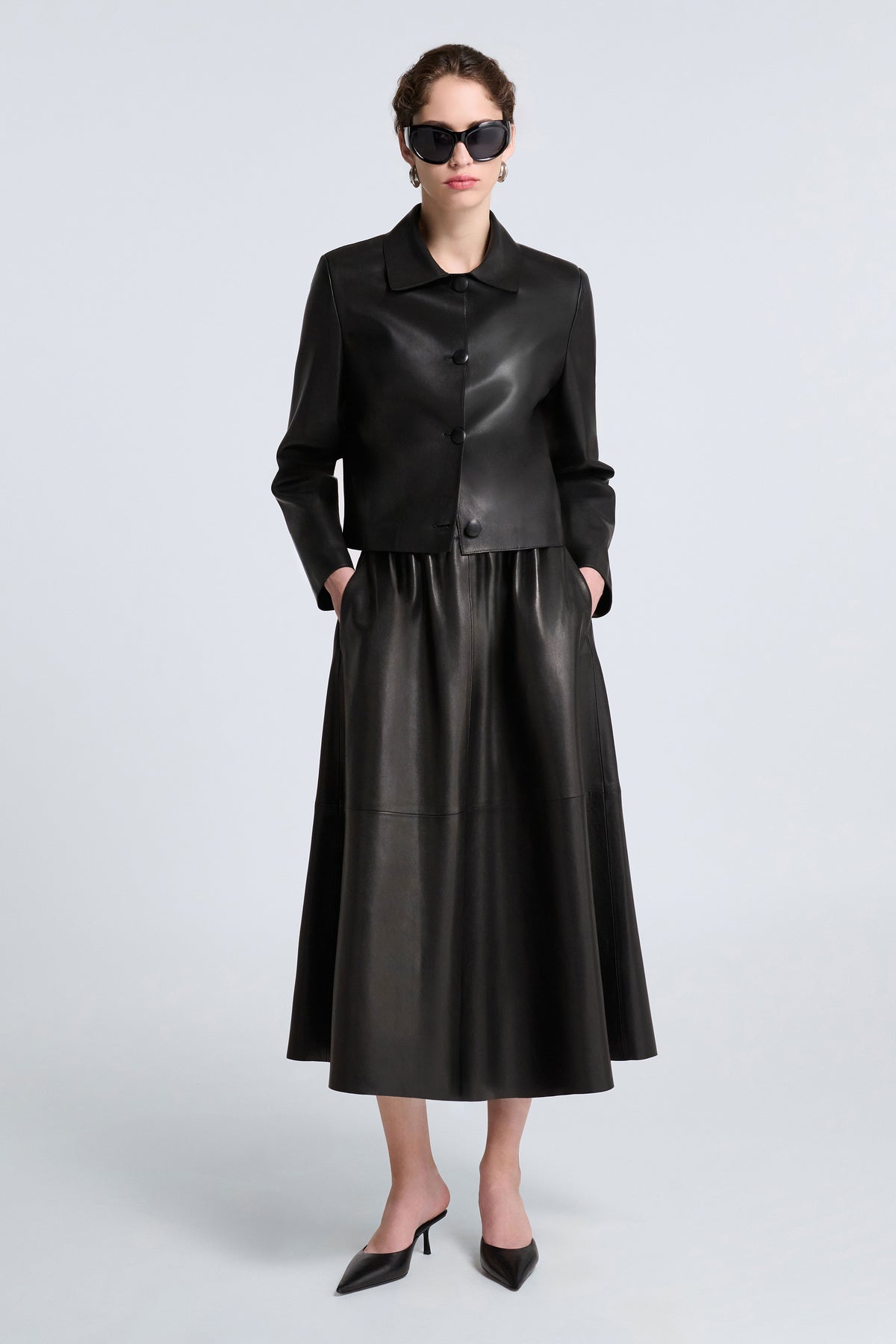Model is Wearing Nour Hammour Hadley Refined Leather Jacket Noir Classique - Front