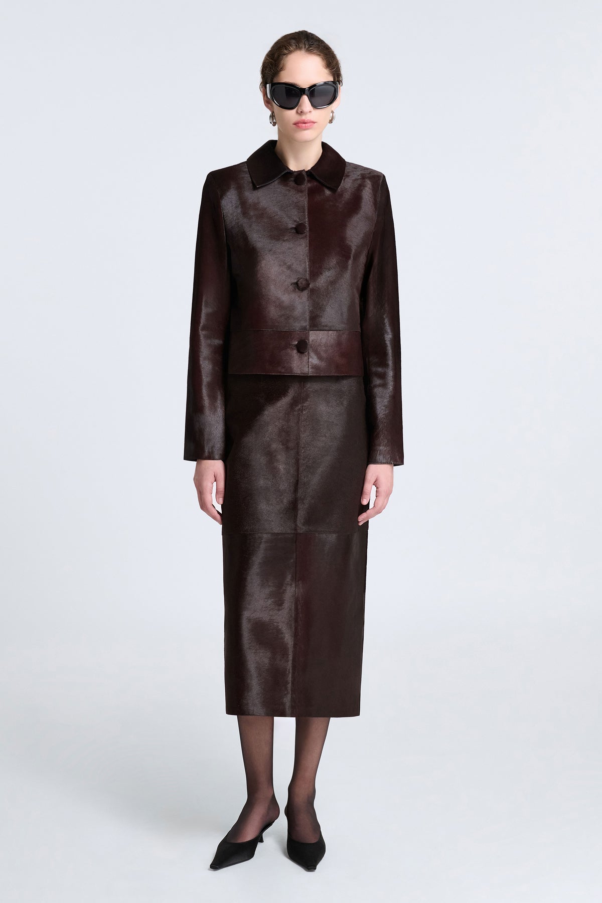 Model is Wearing Nour Hammour Hadley Refined Ponyhair Jacket Brown - Front