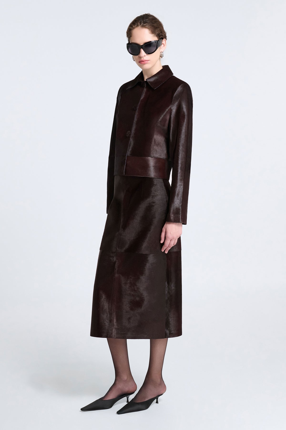 Model is Wearing Nour Hammour Hadley Refined Ponyhair Jacket Brown - Three Quarters