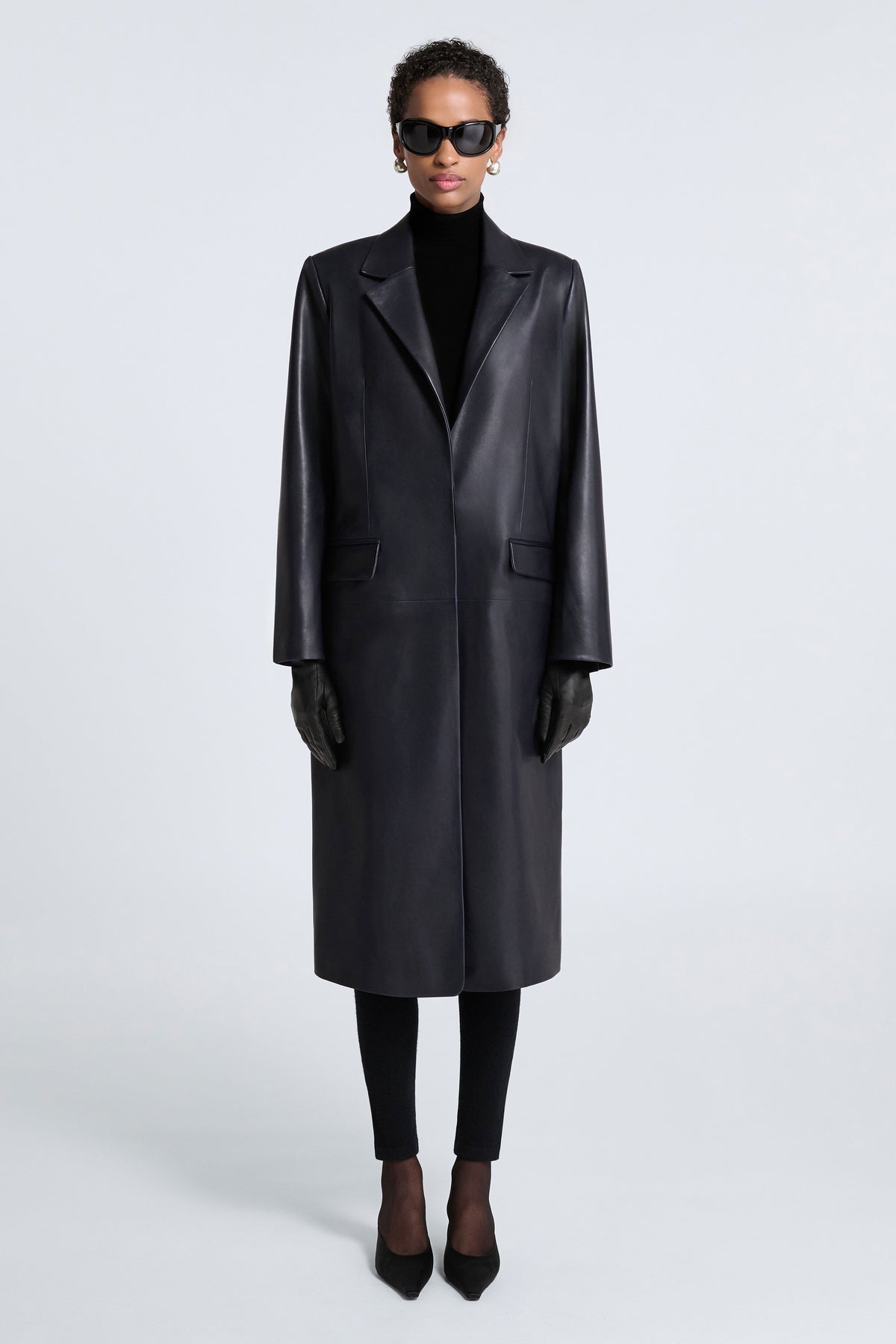 Model is Wearing Nour Hammour Isaline Leather City Overcoat Bleu Minuit - Front