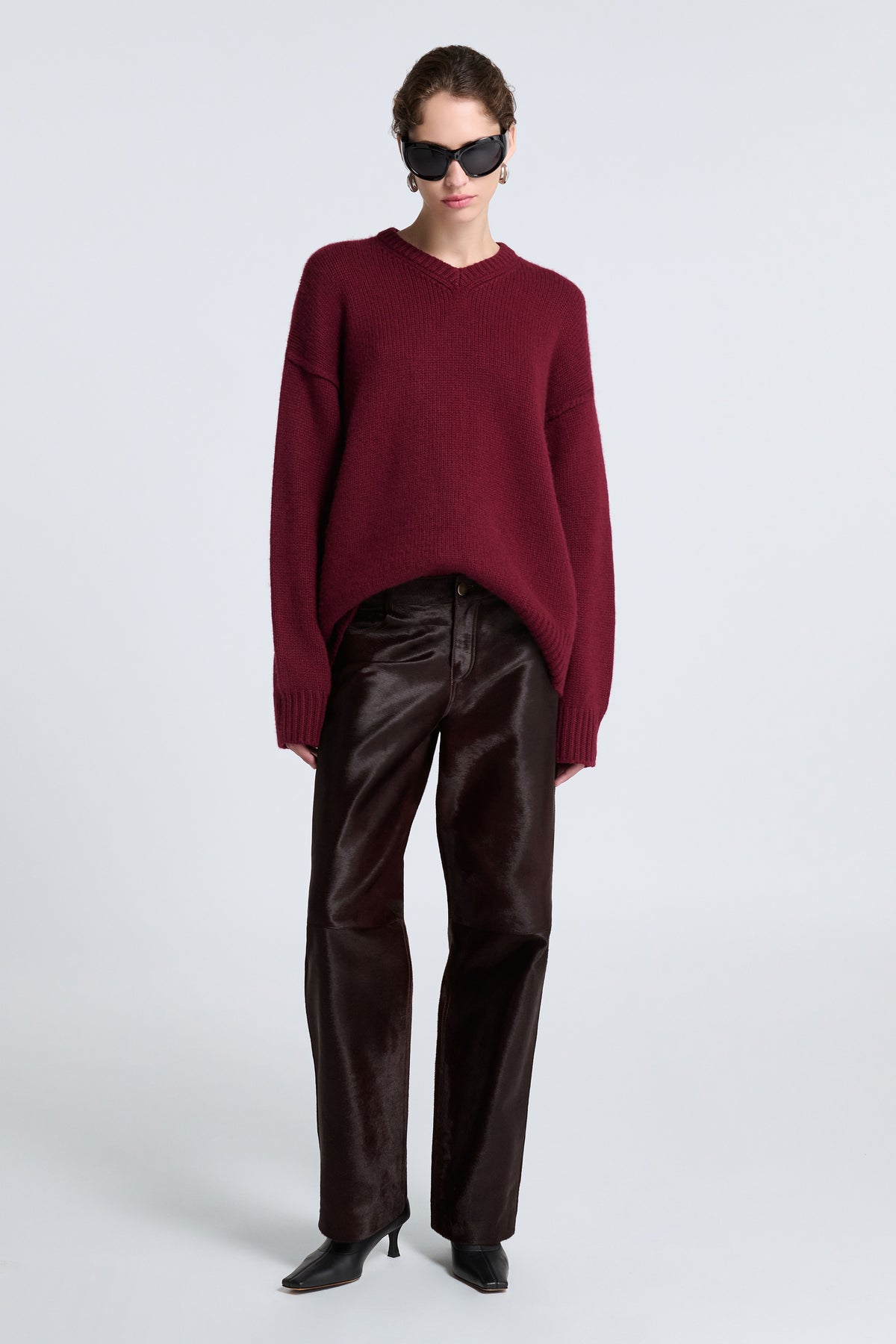 Model is Wearing Nour Hammour Kitty Ponyhair Jeans Brown - Front