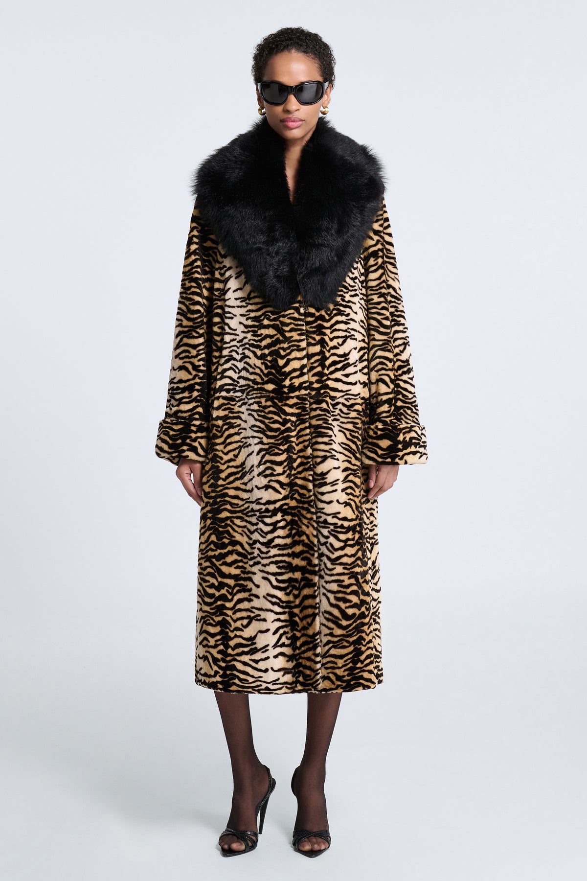 Model is Wearing Nour Hammour Nina Shearling Swing Overcoat Golden Tiger -  Front