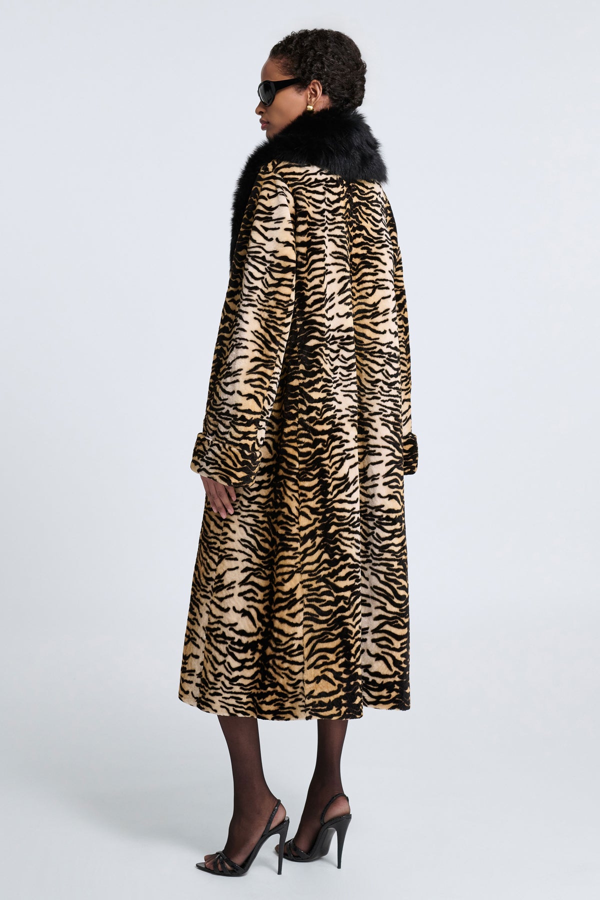 Model is Wearing Nour Hammour Nina Shearling Swing Overcoat Golden Tiger -  Three Quarters Back