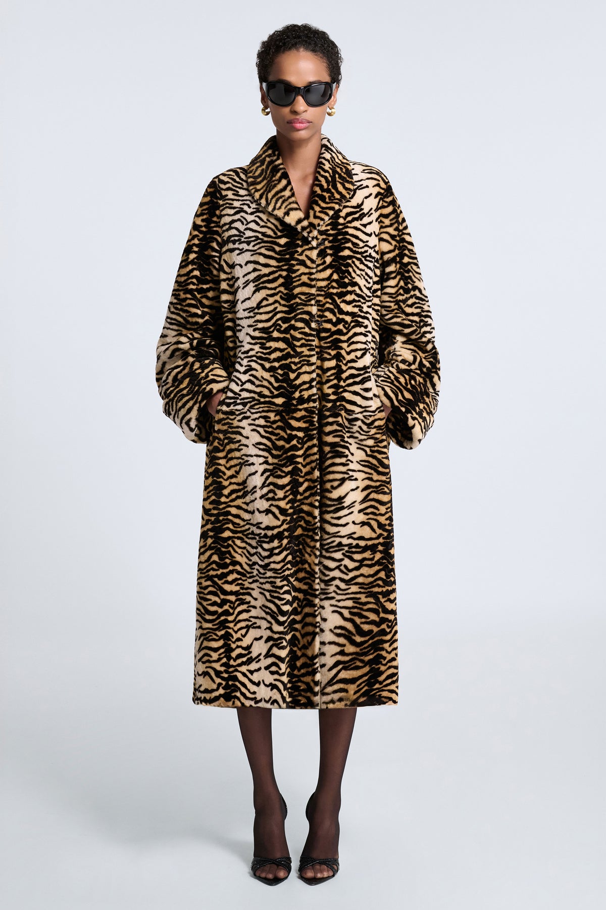 Model is Wearing Nour Hammour Nina Shearling Swing Overcoat Golden Tiger -  Front
