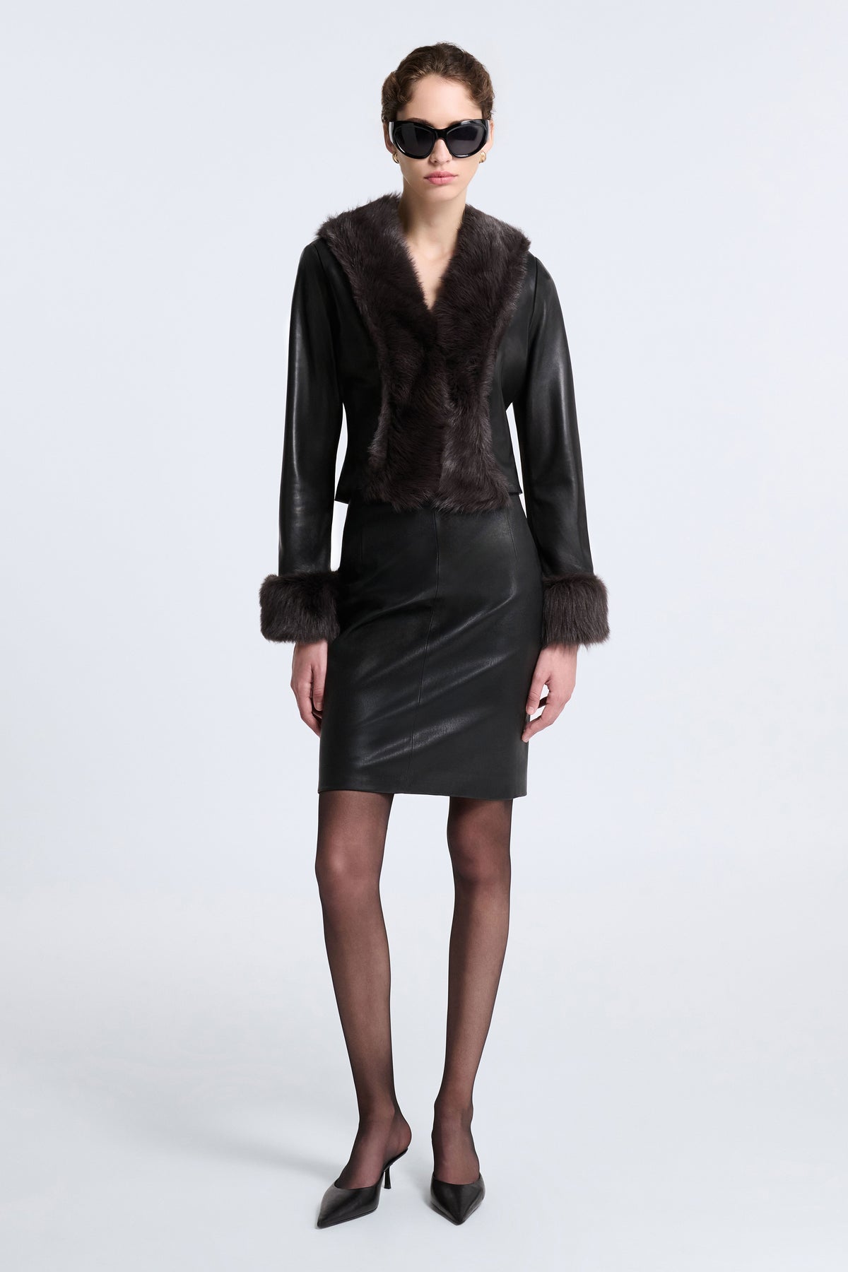 Model is Wearing Nour Hammour Sofie 90s Shearling Leather Jacket Noir Classique - Front