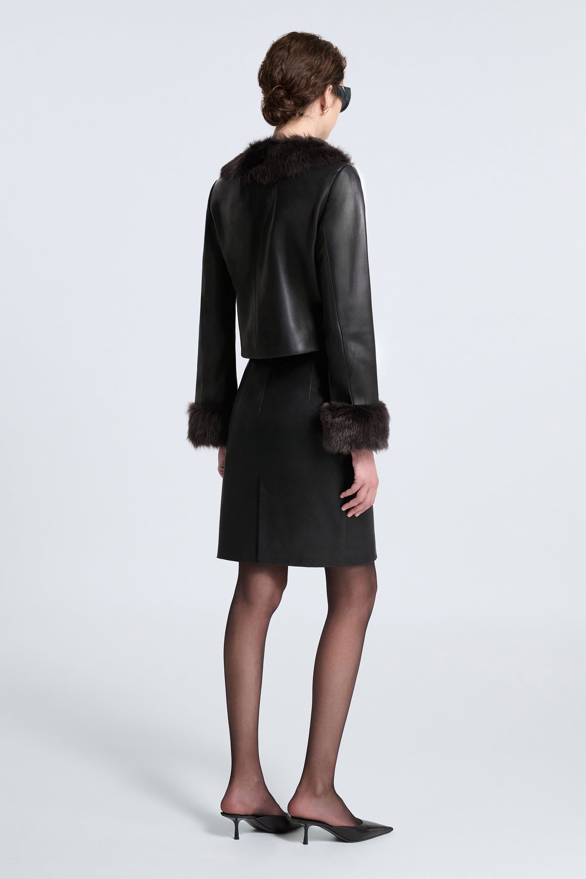 Model is Wearing Nour Hammour Sofie 90s Shearling Leather Jacket Noir Classique - Back