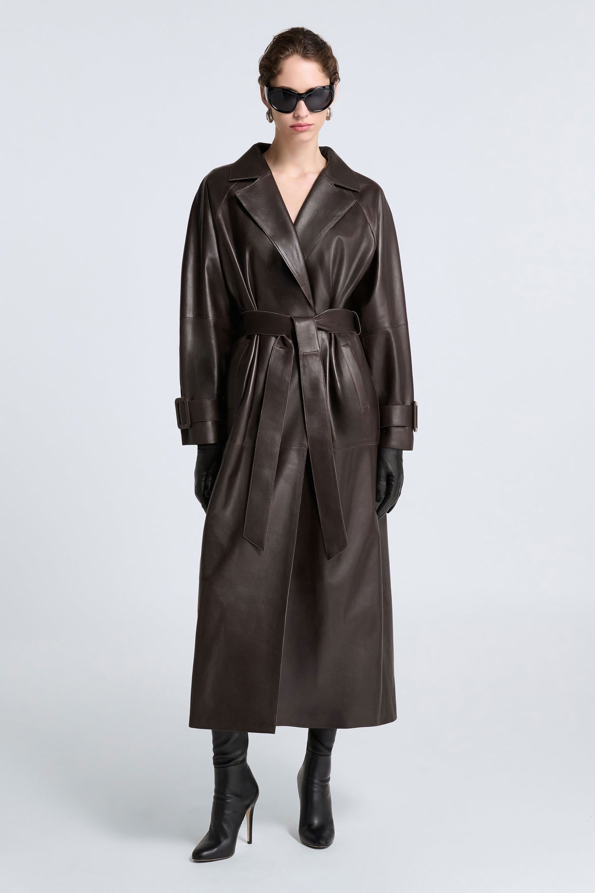 Model is Wearing Nour Hammour Staley Sweeping Leather Trench Dark Brown - Front