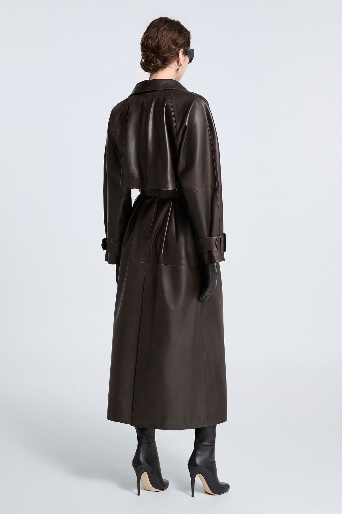 Model is Wearing Nour Hammour Staley Sweeping Leather Trench Dark Brown - Back
