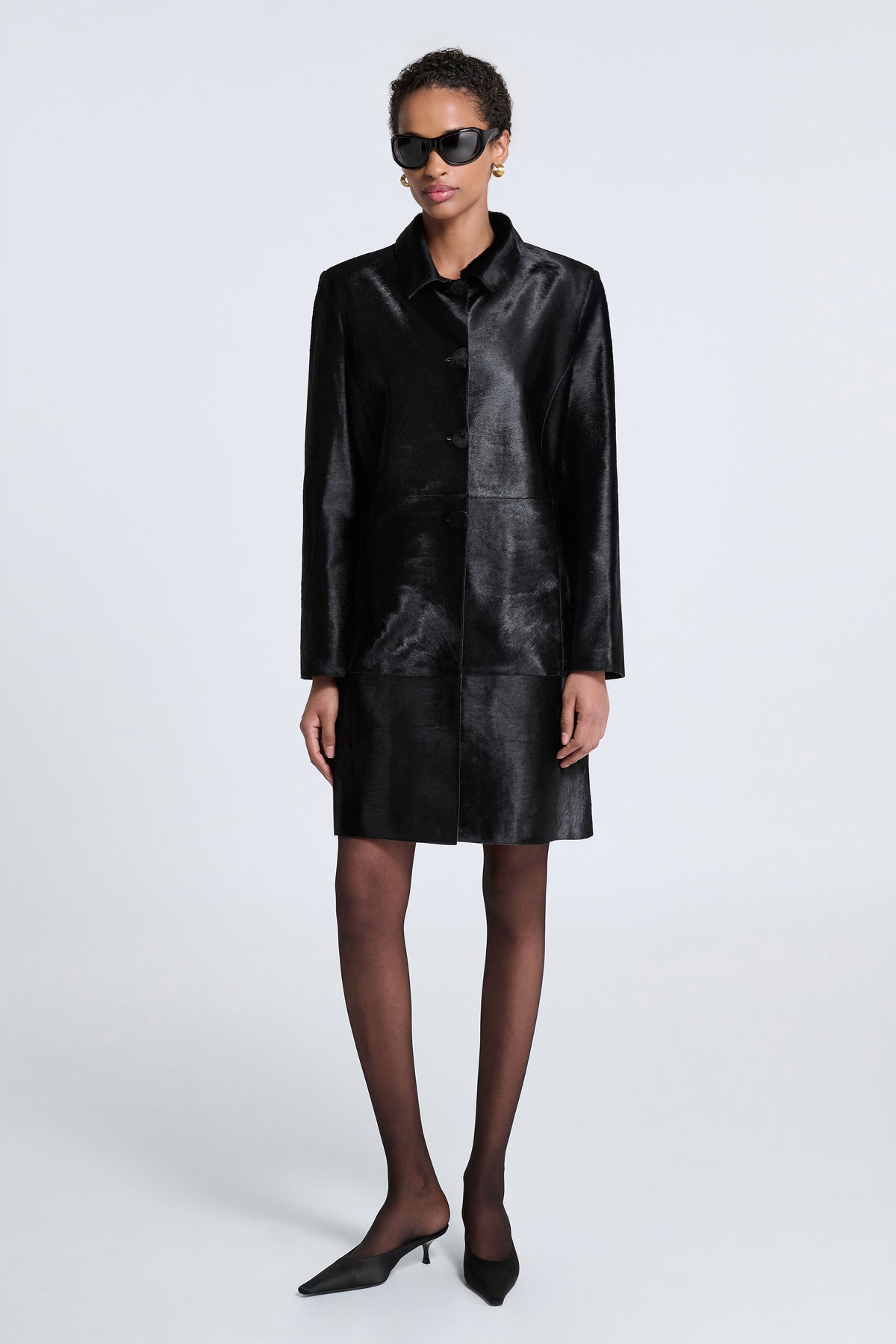 Model is Wearing Nour Hammour Stella Ponyhair Day Coat Obsidian Black - Front