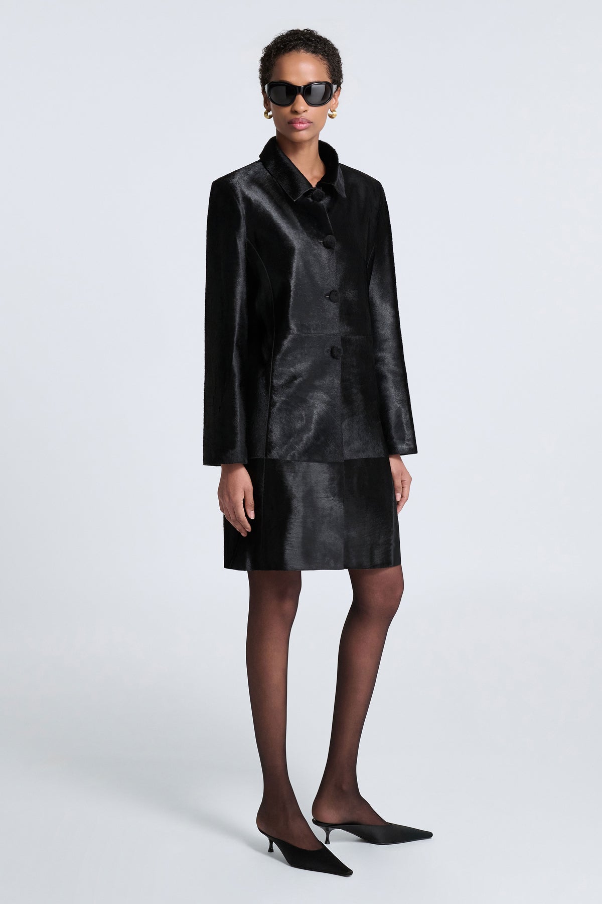 Model is Wearing Nour Hammour Stella Ponyhair Day Coat Obsidian Black - Three Quarters Front