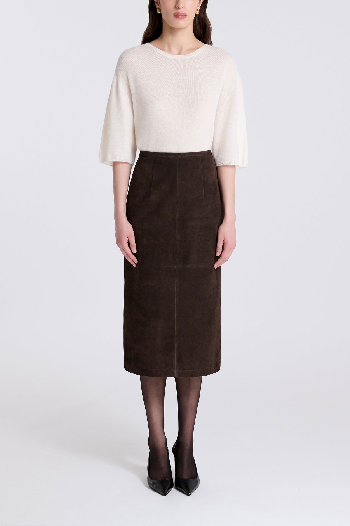 Model is Wearing Nour Hammour Alana Relaxed Suede Midi Skirt Mocha - Front