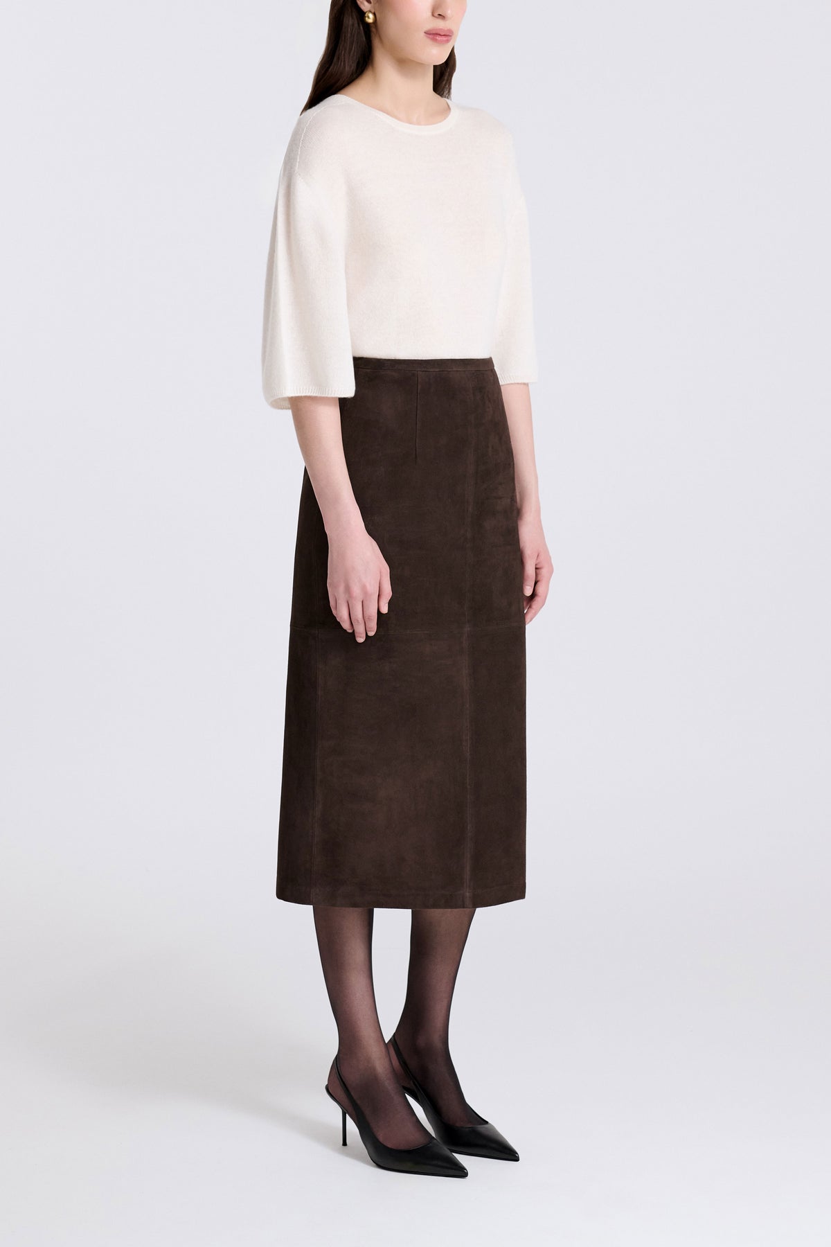 Model is Wearing Nour Hammour Alana Relaxed Suede Midi Skirt Mocha - Three Quarters