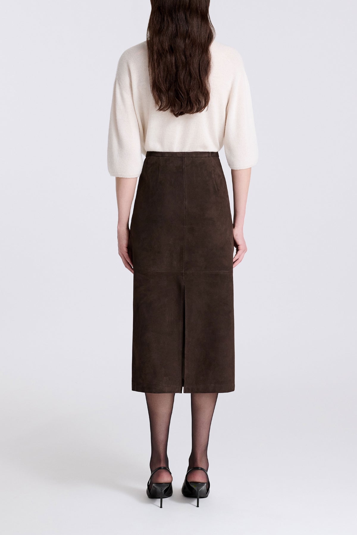 Model is Wearing Nour Hammour Alana Relaxed Suede Midi Skirt Mocha - Back