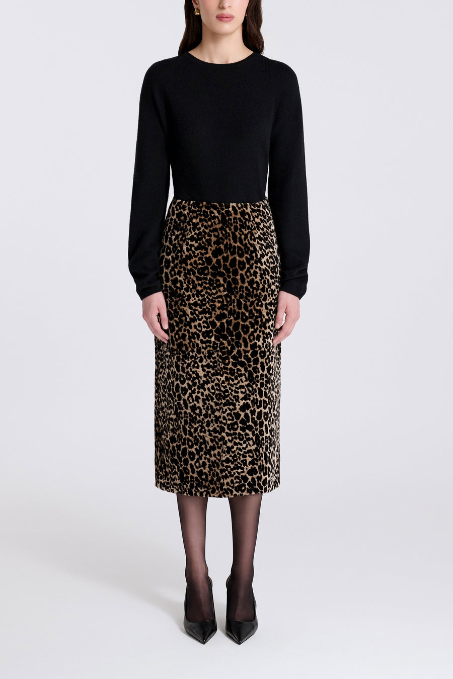 Model is Wearing Nour Hammour Alana Relaxed Shearling Midi Skirt Plush Leopard - Front