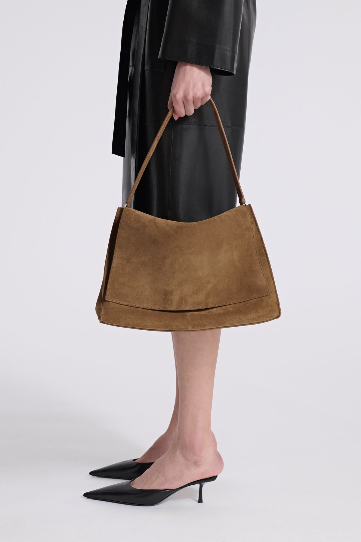 Model is Wearing Nour Hammour Amal Everyday Bag Toffee Suede - Front