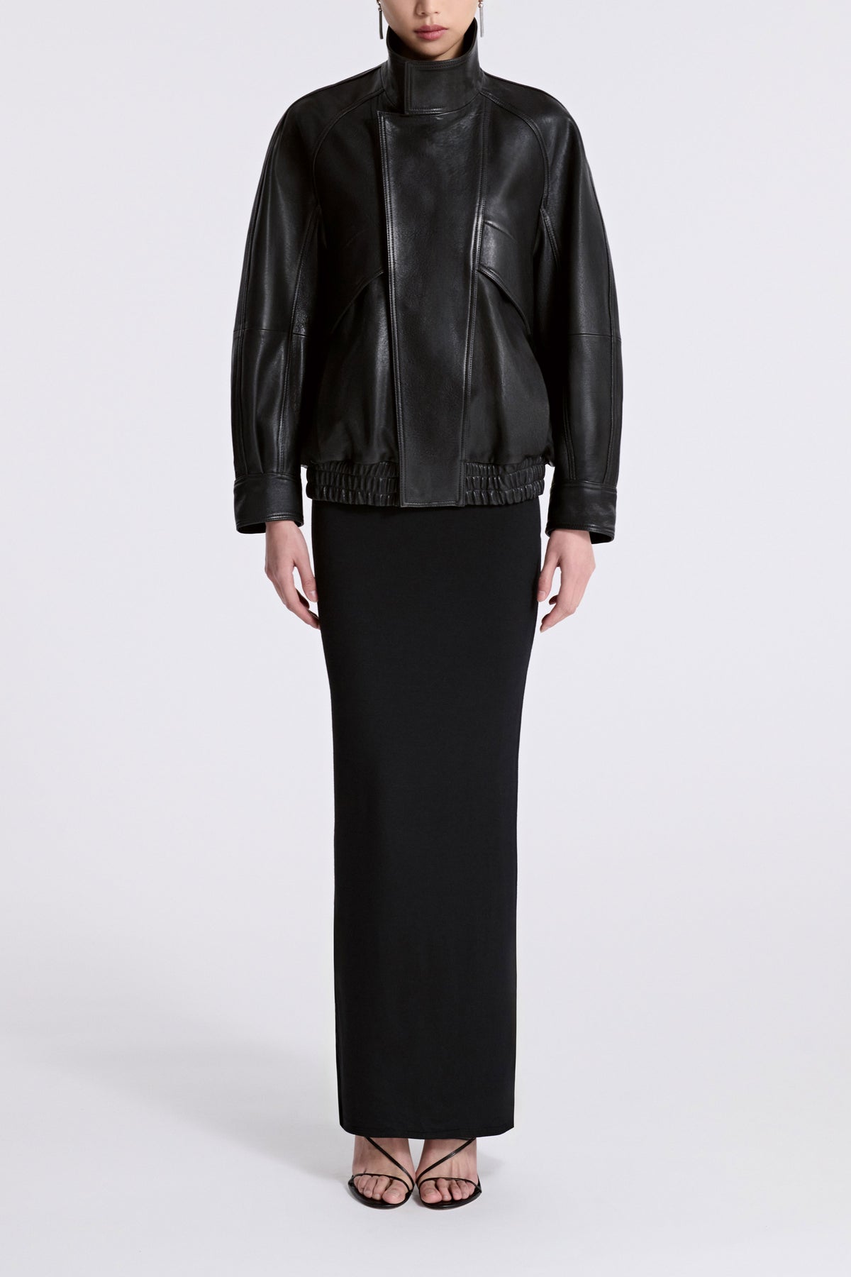 Model is Wearing Nour Hammour Ariste Funnel Leather Bomber Black - Front