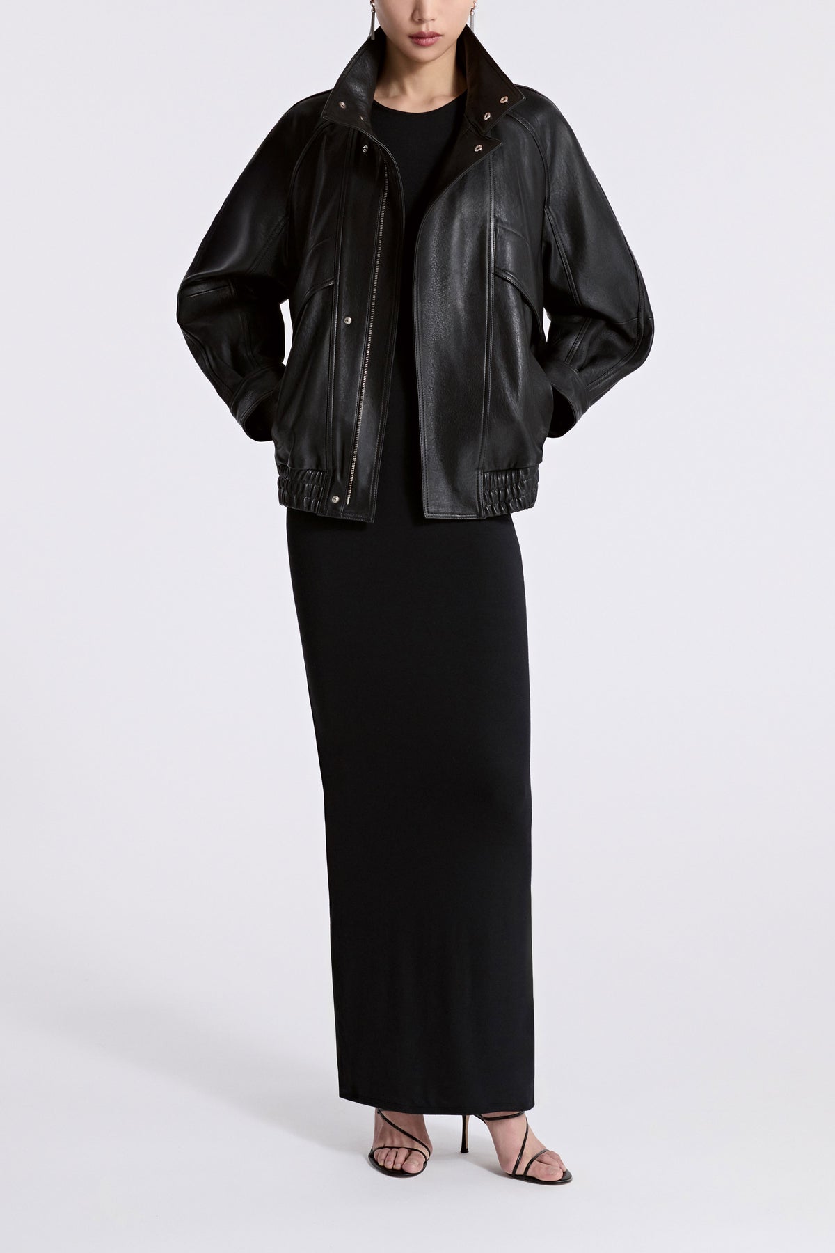 Model is Wearing Nour Hammour Ariste Fluid Leather Jacket Black - Front Open