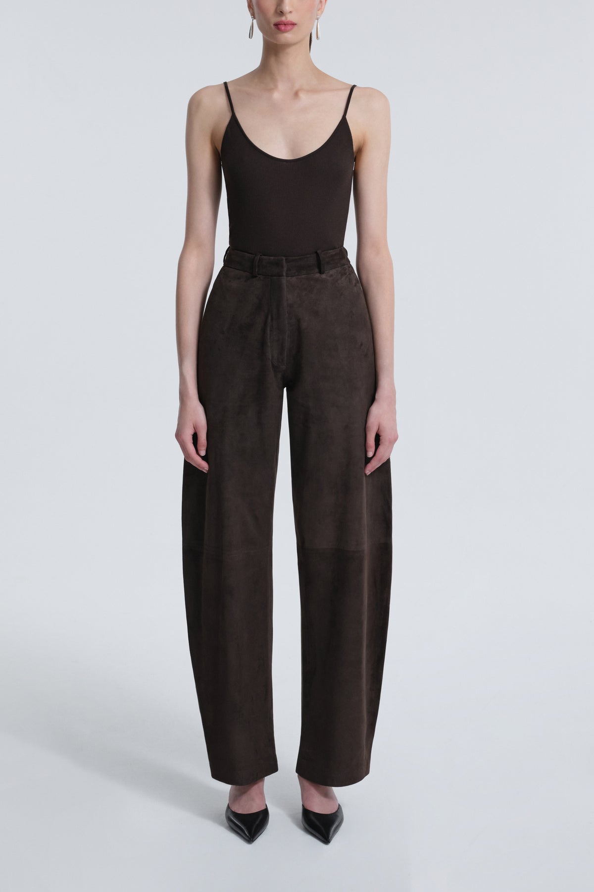 Model is Wearing Nour Hammour Barrel Suede Pants Mocha - Front