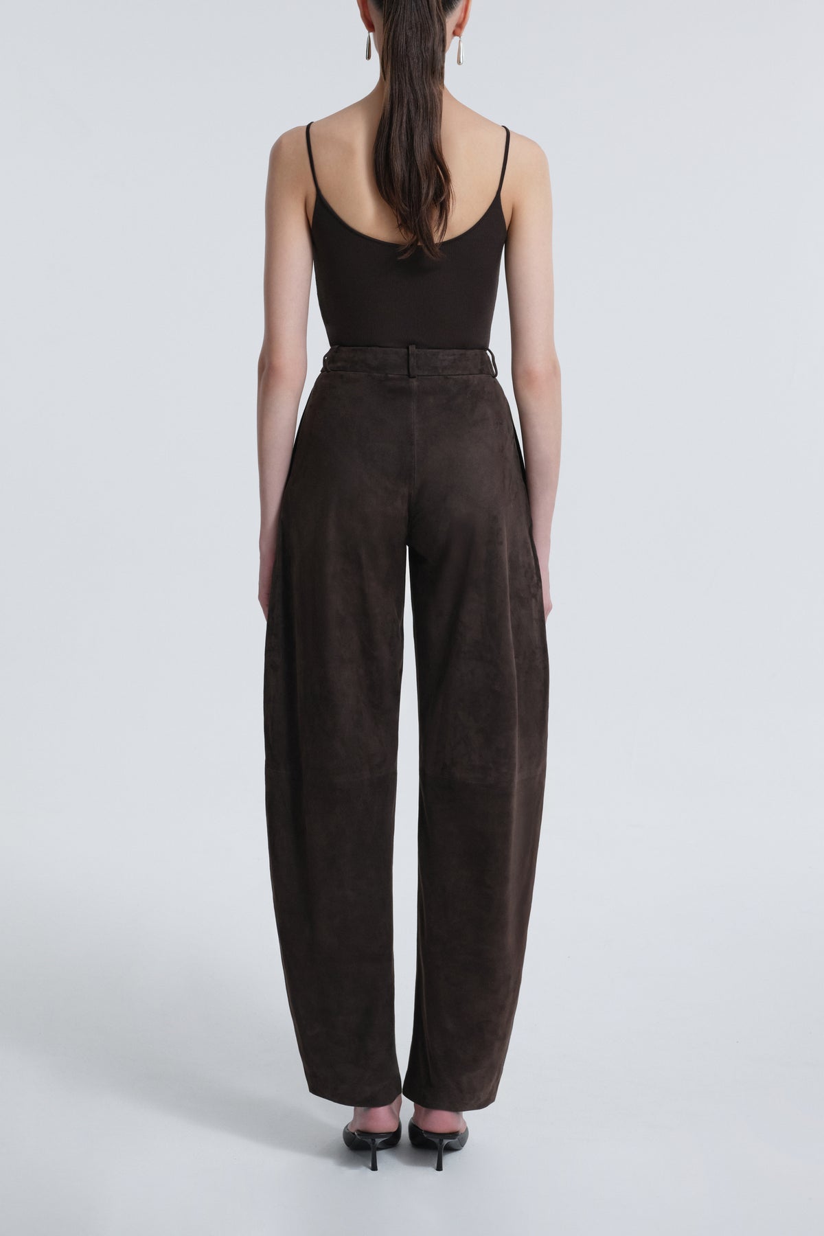 Model is Wearing Nour Hammour Barrel Suede Pants Mocha - Back