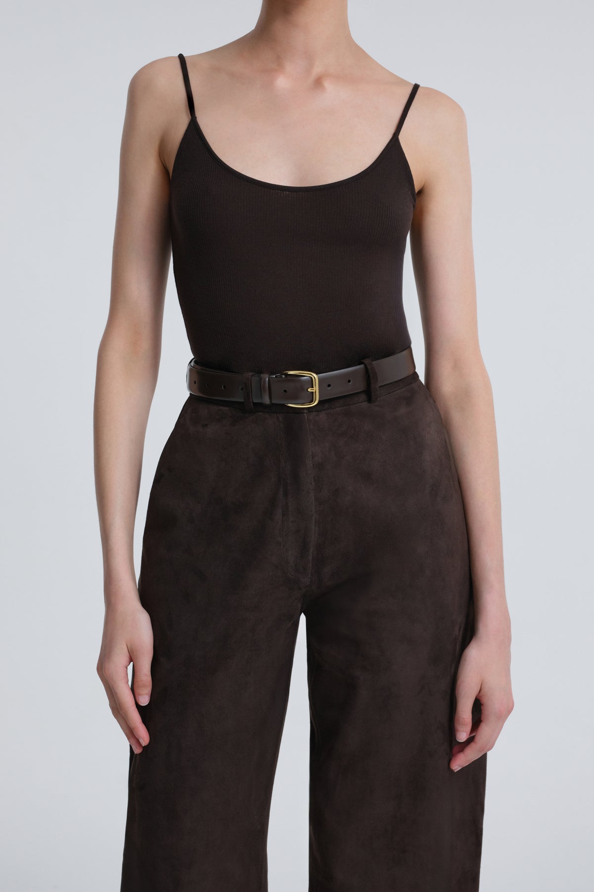 Model is Wearing Nour Hammour Barrel Suede Pants Mocha - Close Up