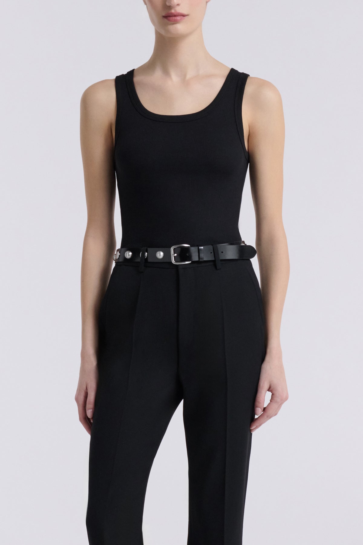Model is Wearing Nour Hammour Dion Leather Studded Belt Black Silver - Front