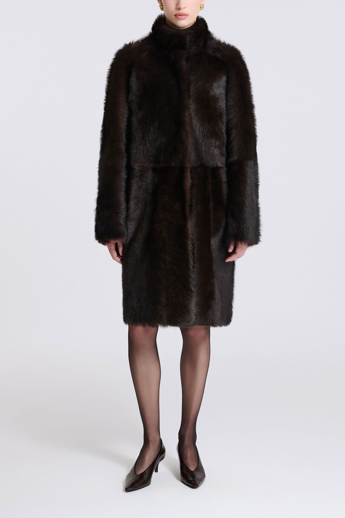 Model is Wearing Nour Hammour Blaise Heirloom Shearling Coat Brown Sable - Front