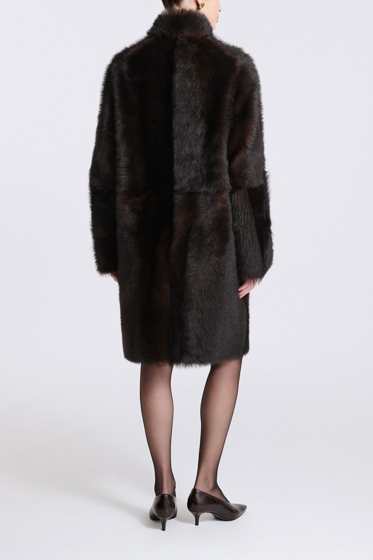 Model is Wearing Nour Hammour Blaise Heirloom Shearling Coat Brown Sable - Back